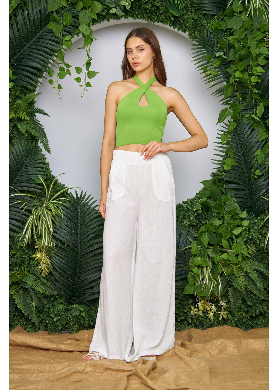Boyundan Çapraz Bağlamalı Crop Top-Yeşil