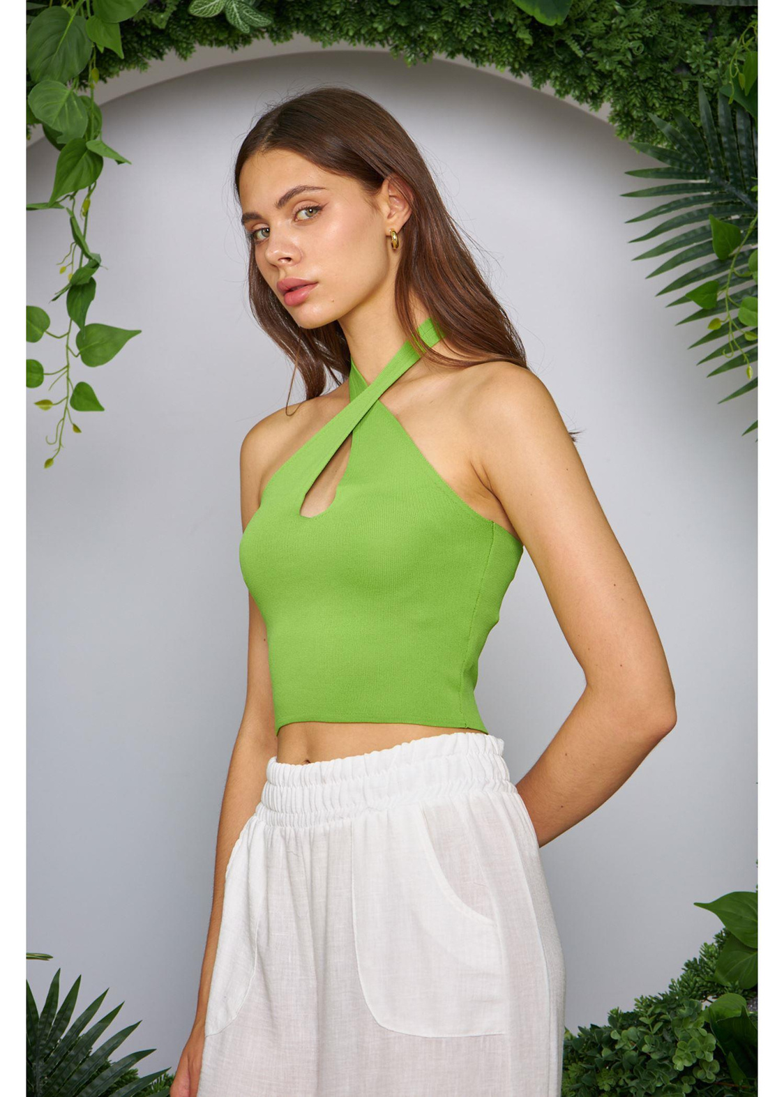 Boyundan Çapraz Bağlamalı Crop Top-Yeşil