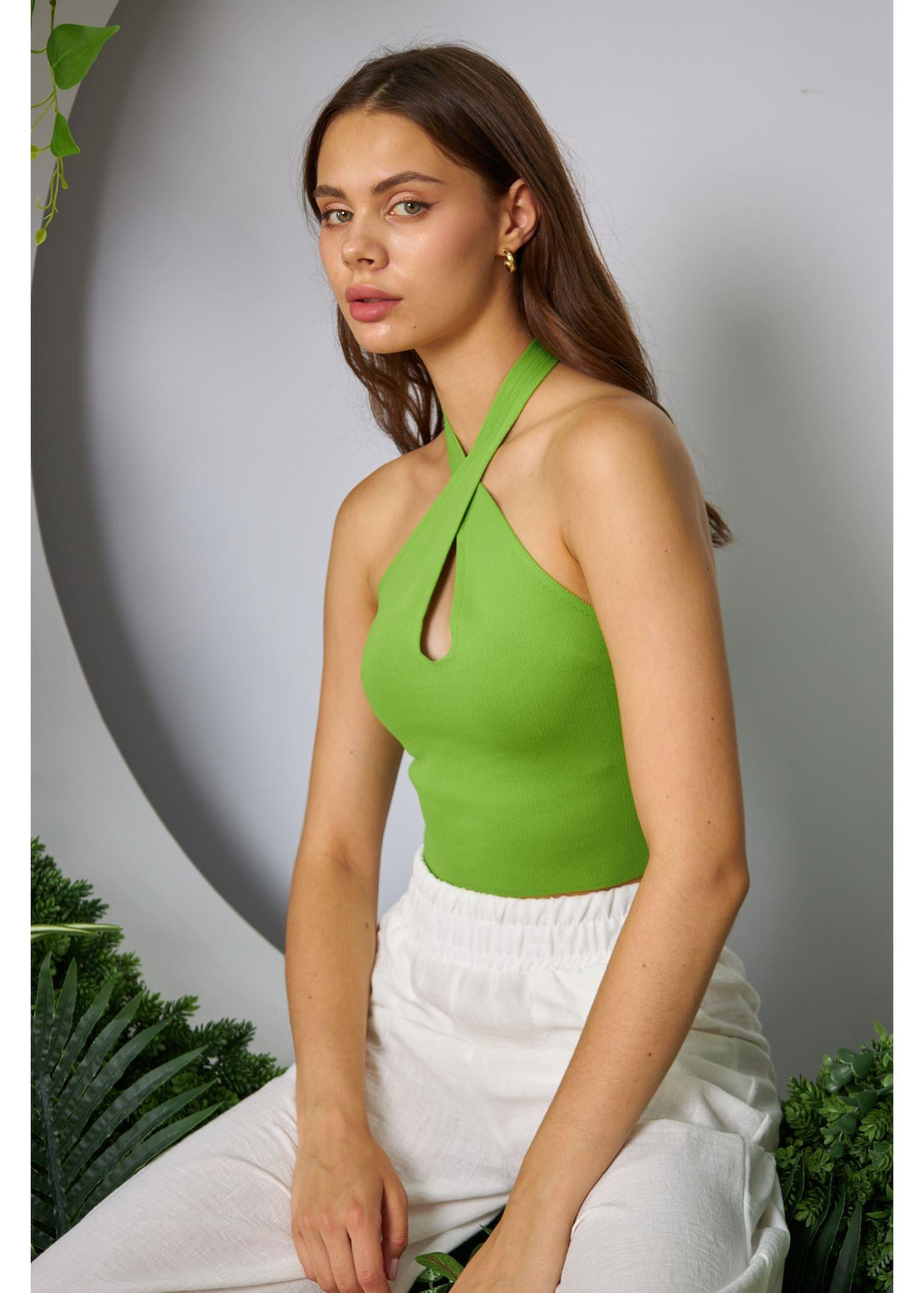 Boyundan Çapraz Bağlamalı Crop Top-Yeşil