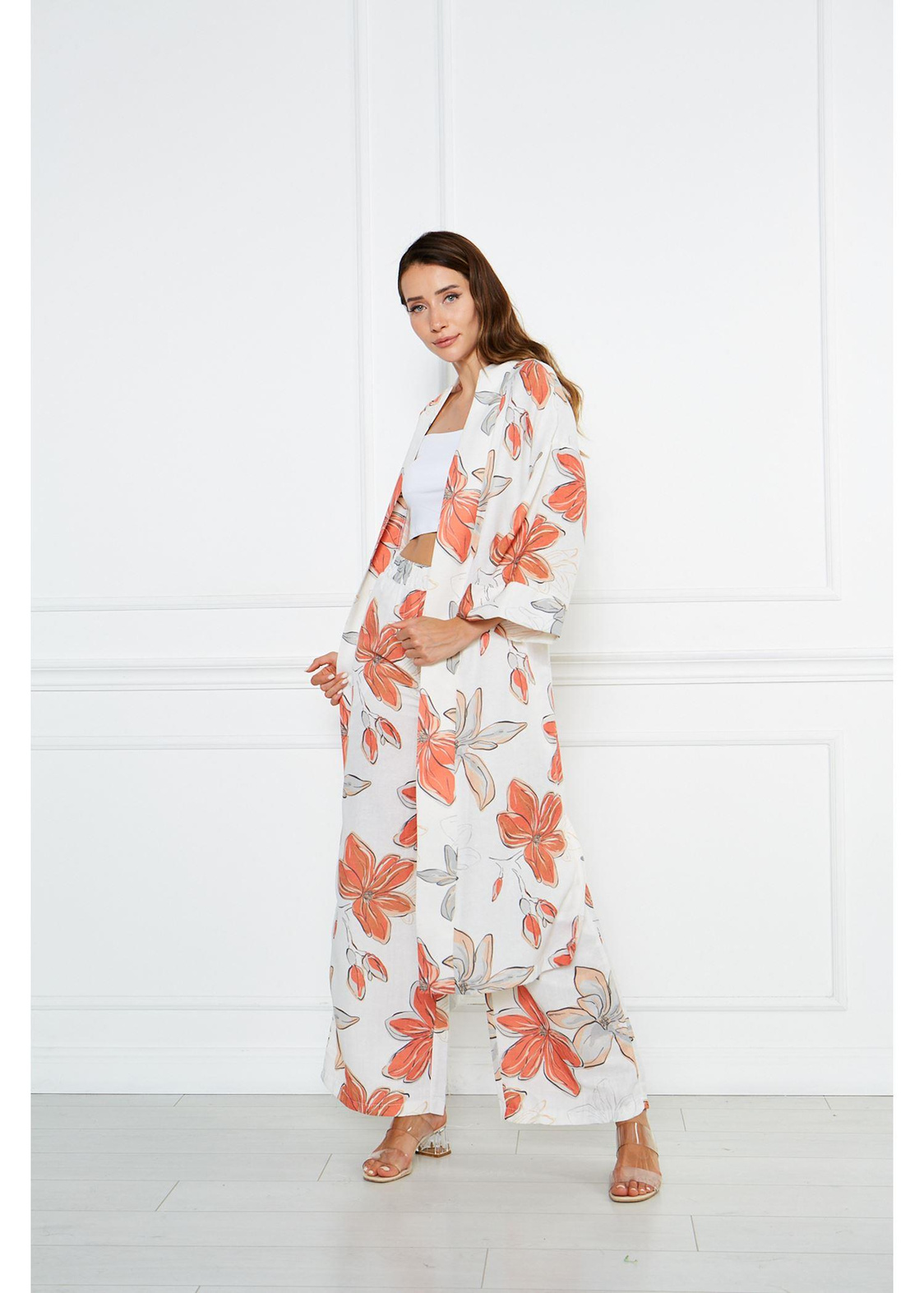 Büyük Çiçek Desenli Kimono-Turuncu