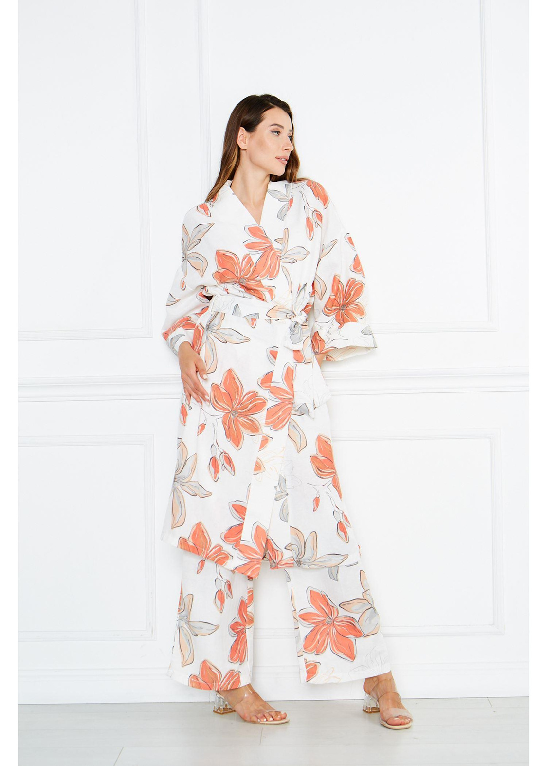 Büyük Çiçek Desenli Kimono-Turuncu