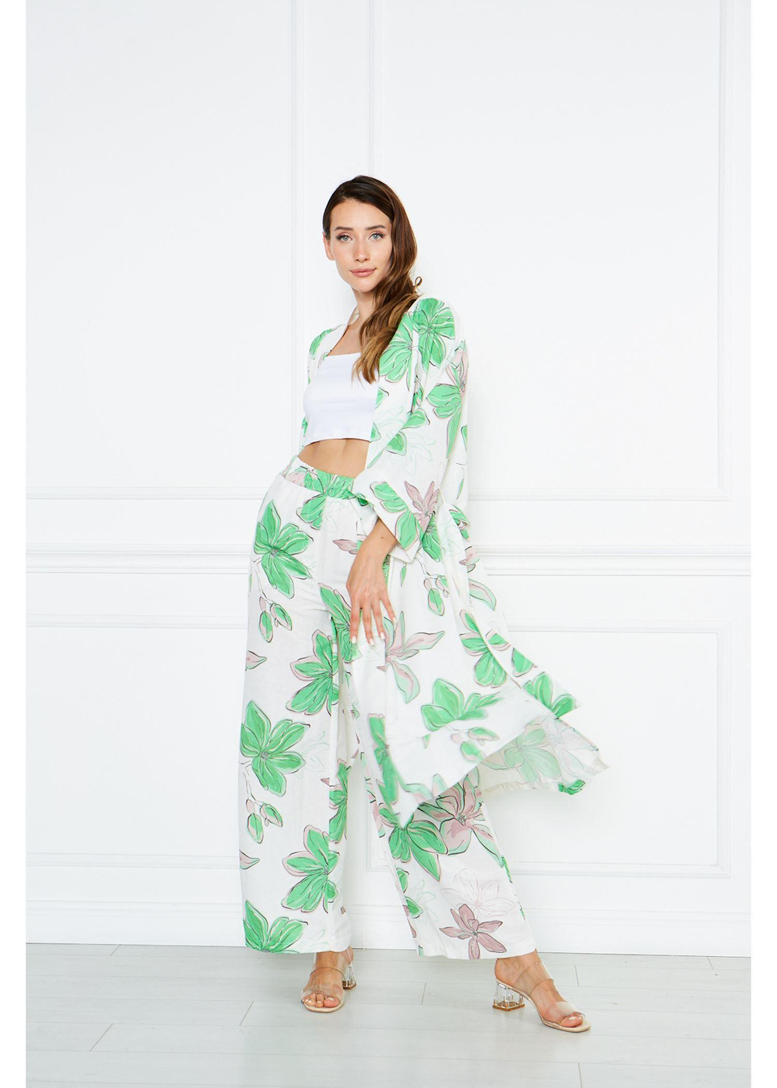 Büyük Çiçek Desenli Kimono-Yeşil