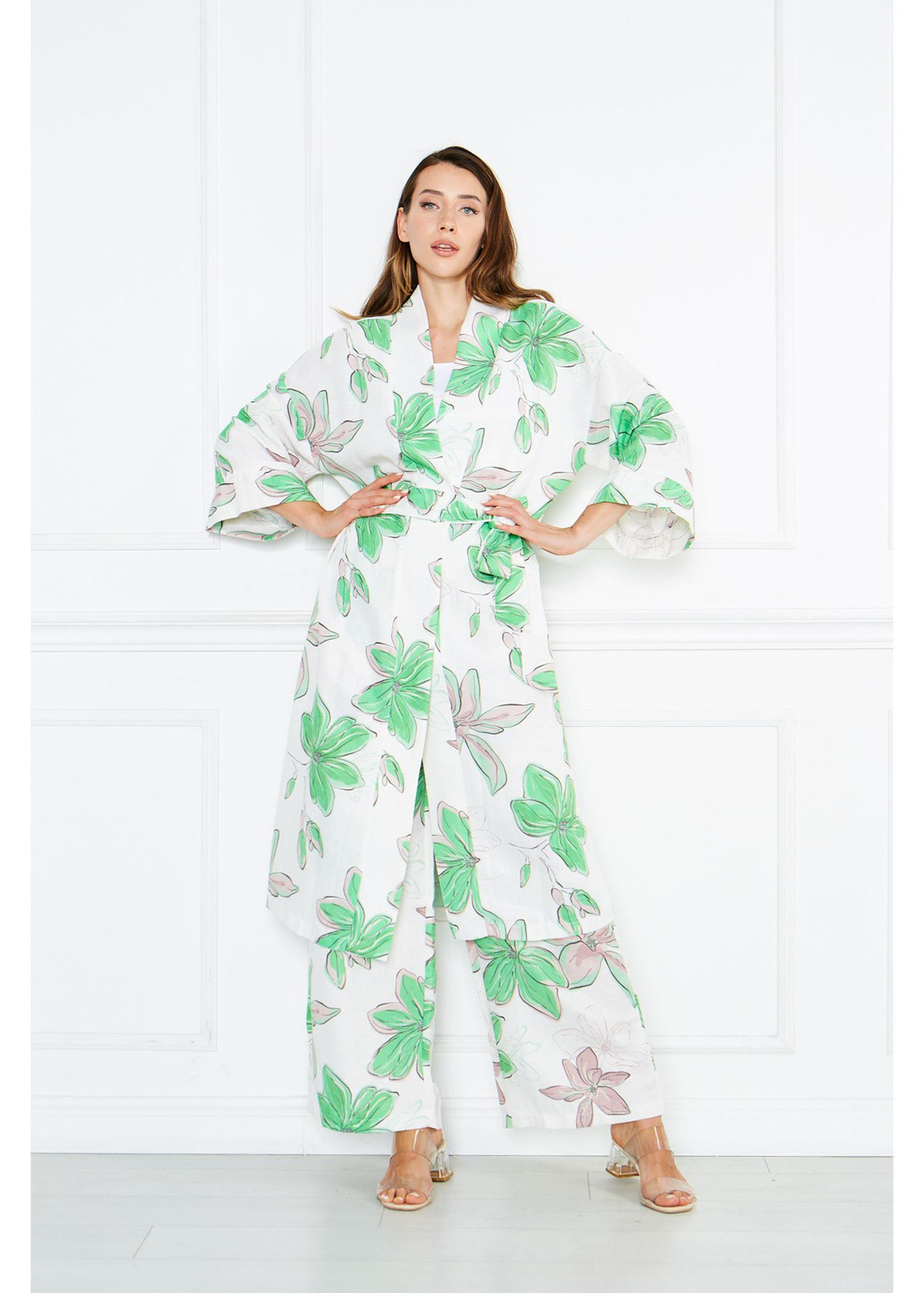Büyük Çiçek Desenli Kimono-Yeşil