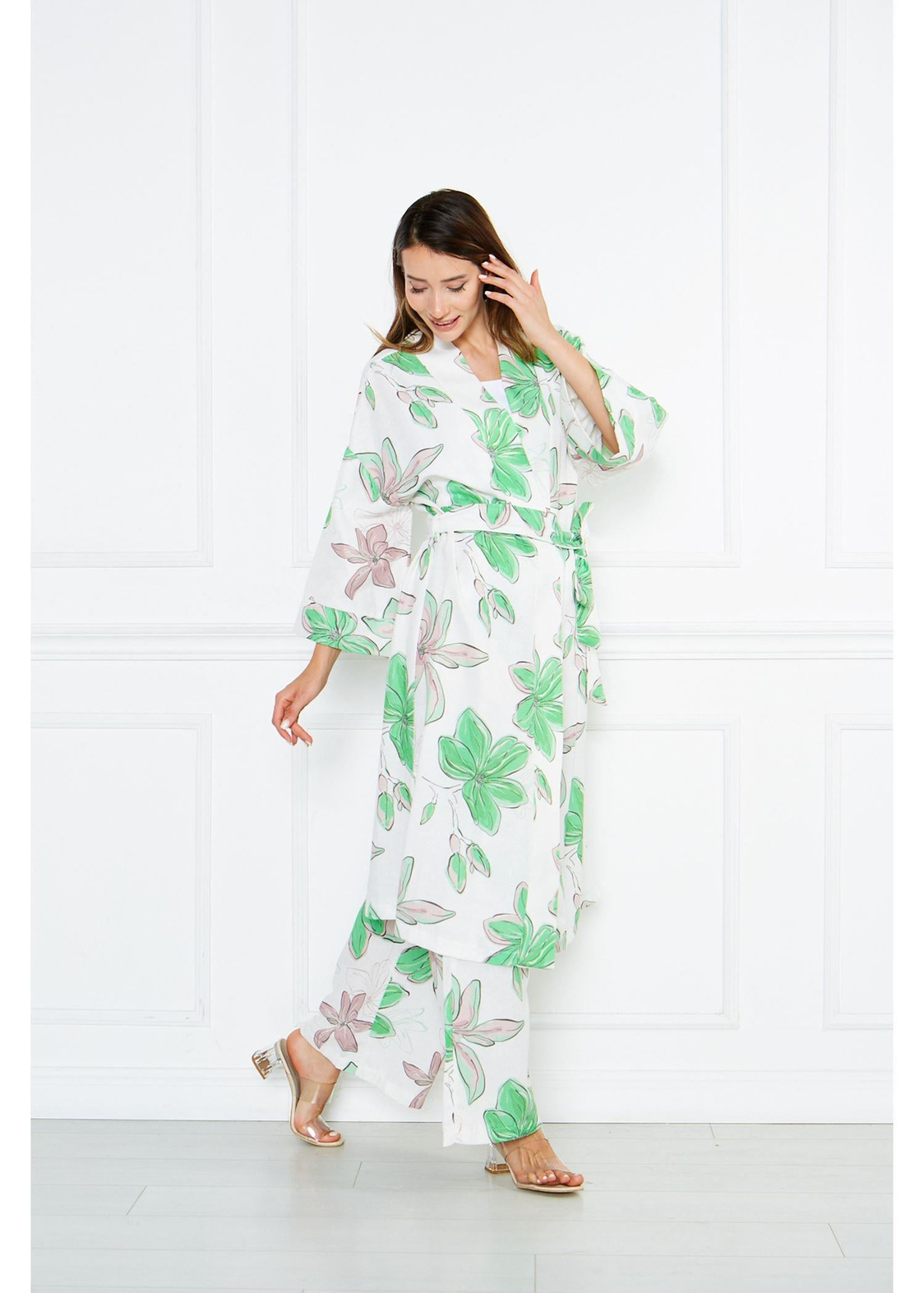 Büyük Çiçek Desenli Kimono-Yeşil