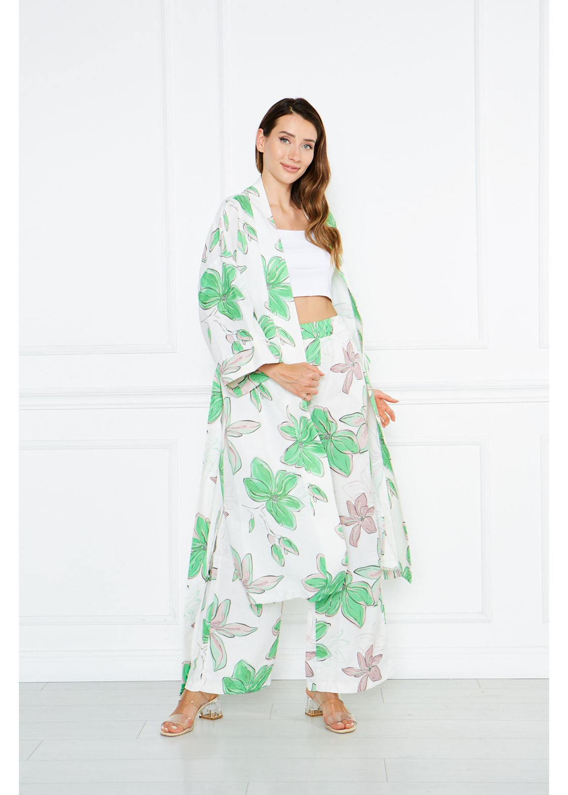 Büyük Çiçek Desenli Kimono-Yeşil