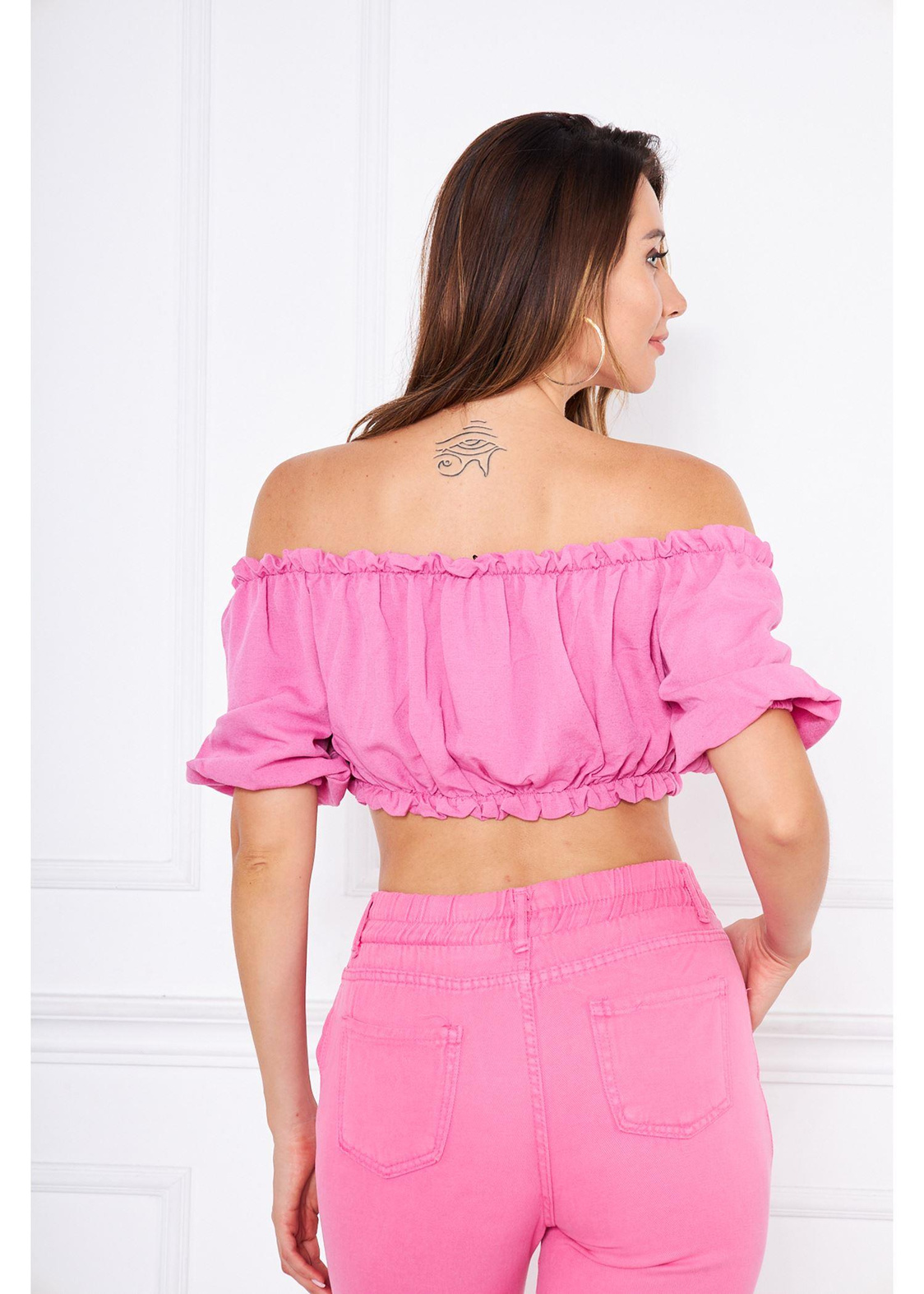Büzgülü Keten Mini Bluz-Pembe