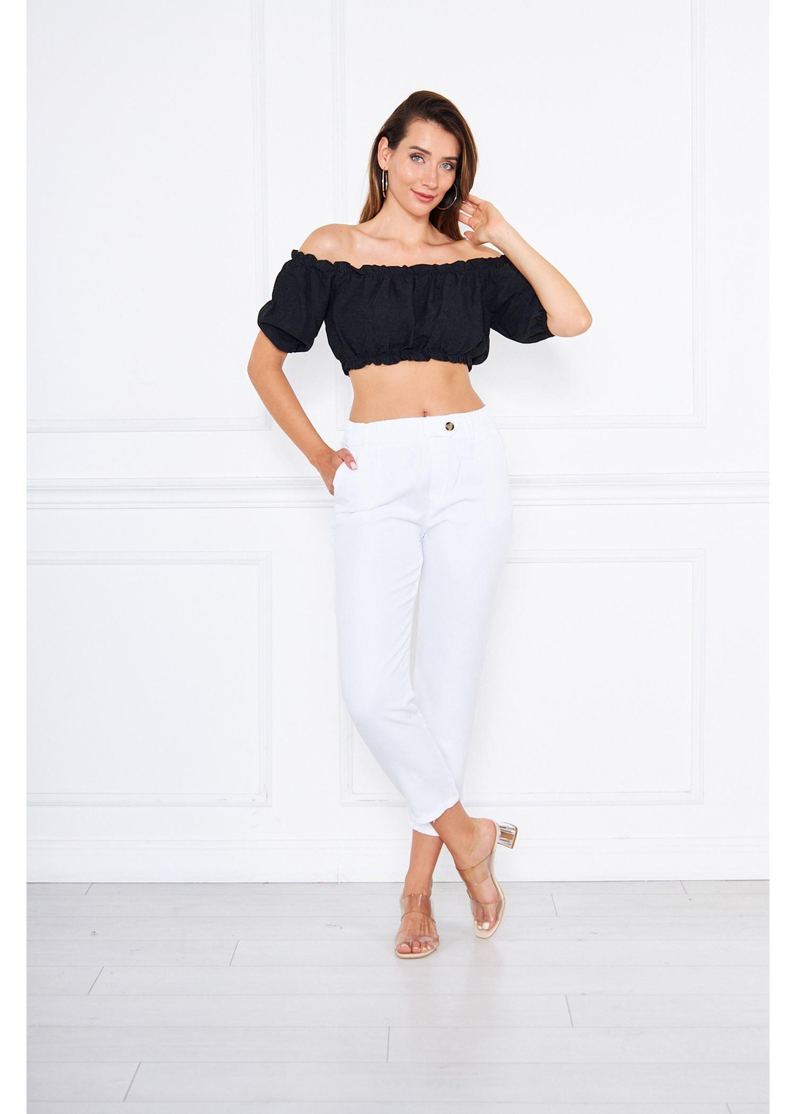 Büzgülü Keten Mini Bluz-Siyah