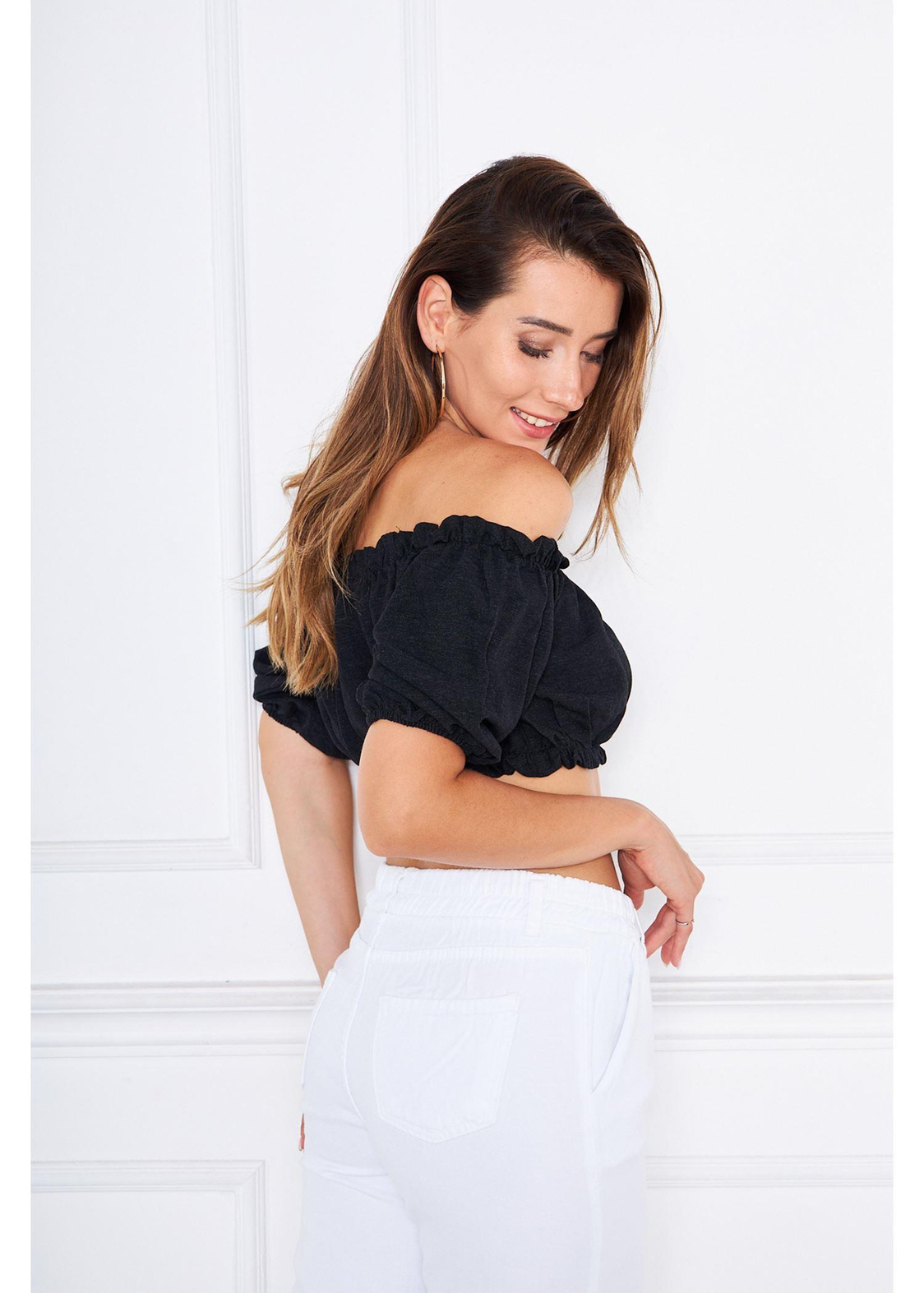 Büzgülü Keten Mini Bluz-Siyah