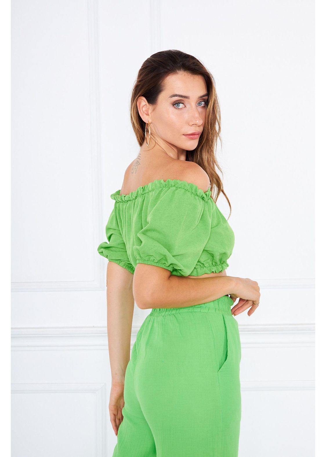 Büzgülü Keten Mini Bluz-Yeşil