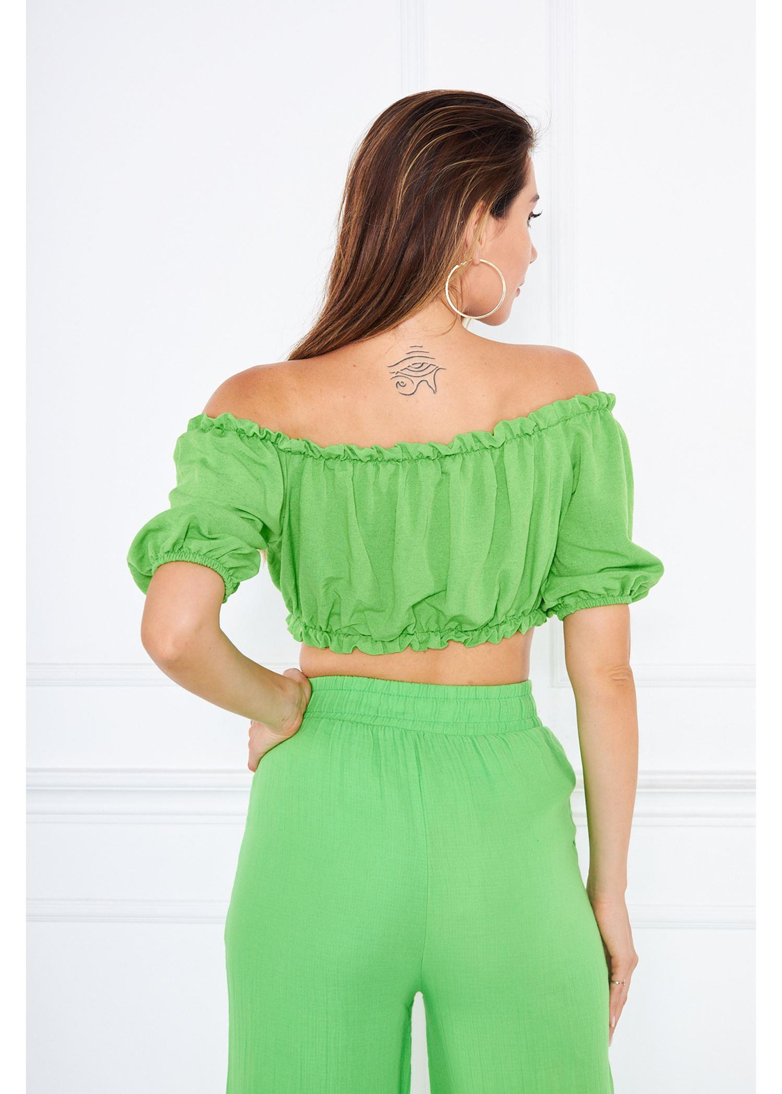 Büzgülü Keten Mini Bluz-Yeşil