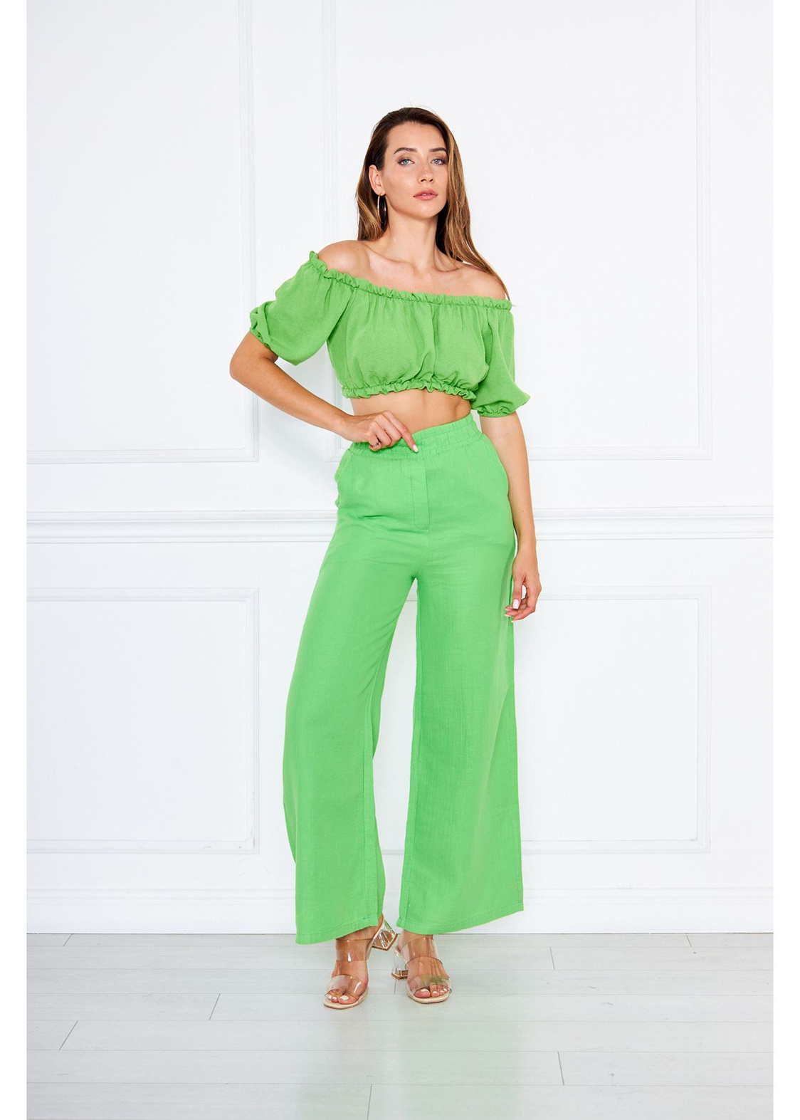 Büzgülü Keten Mini Bluz-Yeşil