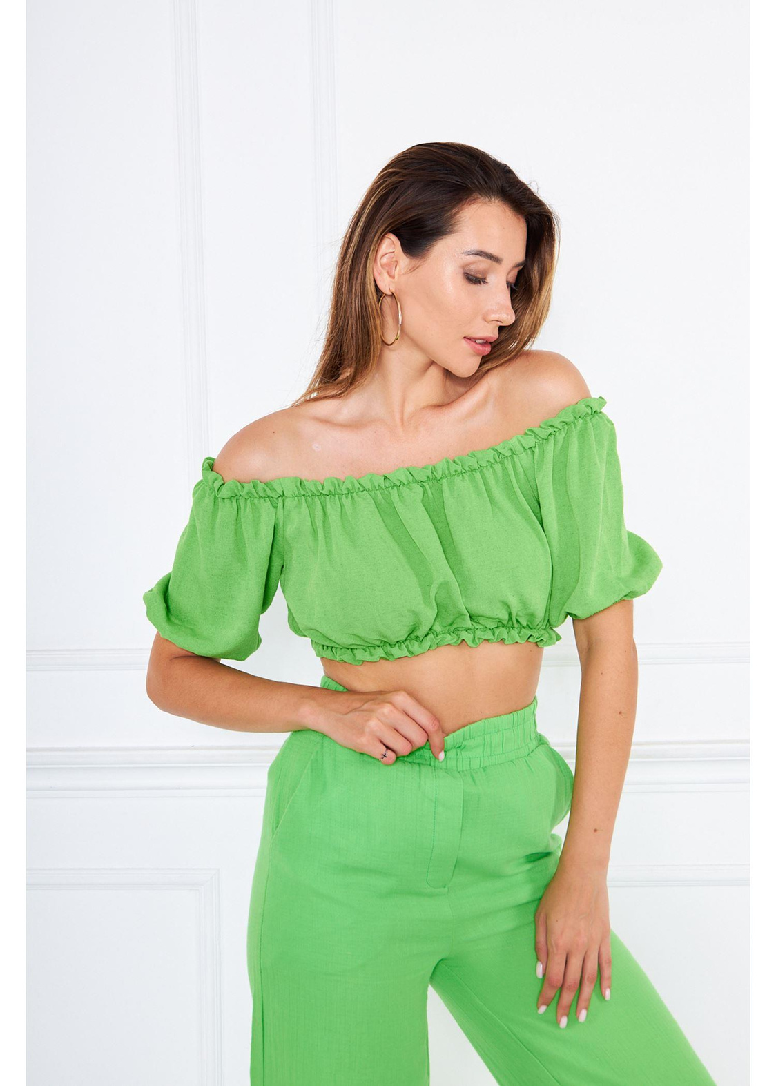 Büzgülü Keten Mini Bluz-Yeşil