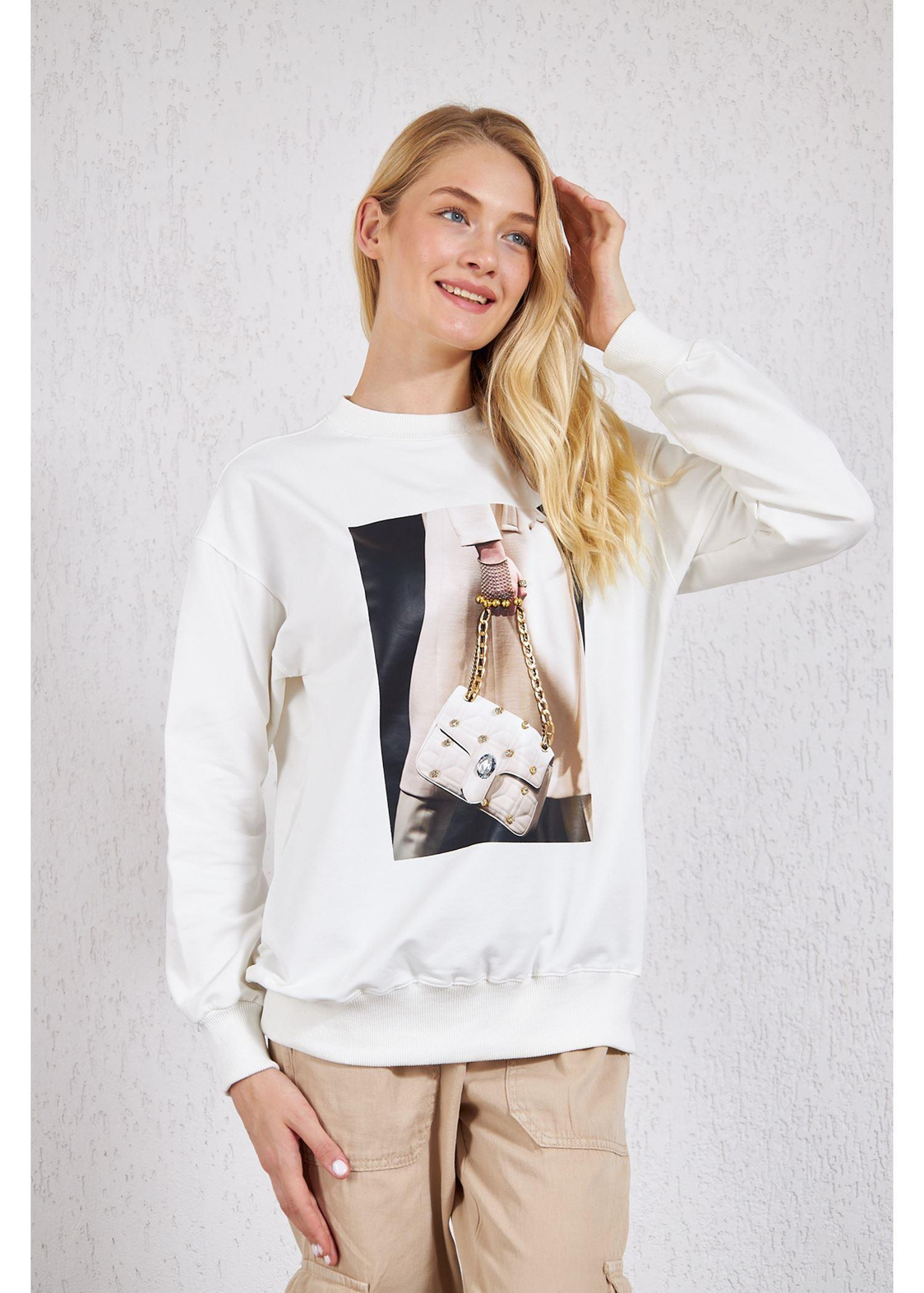 Çanta Baskılı Sweat-Beyaz