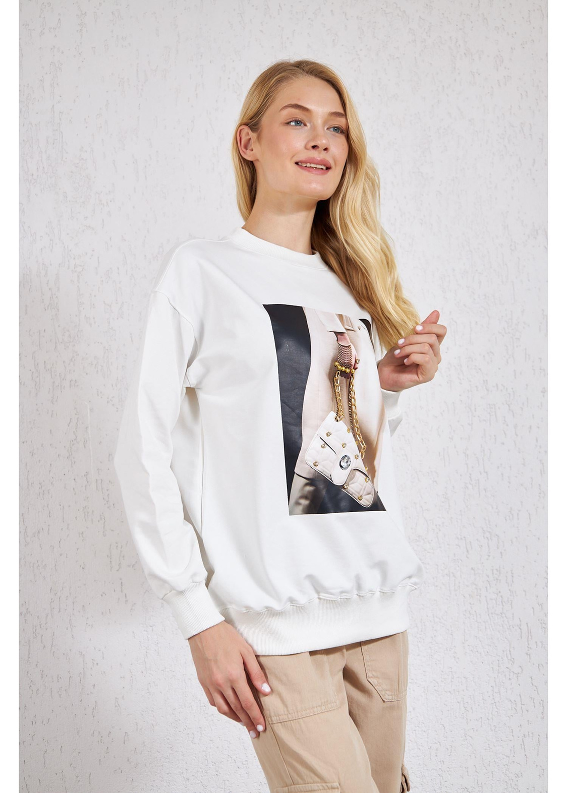 Çanta Baskılı Sweat-Beyaz