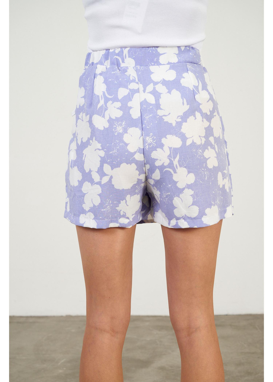 Çiçek Baskılı Aller Detaylı Viskon Keten Etek-Mavi