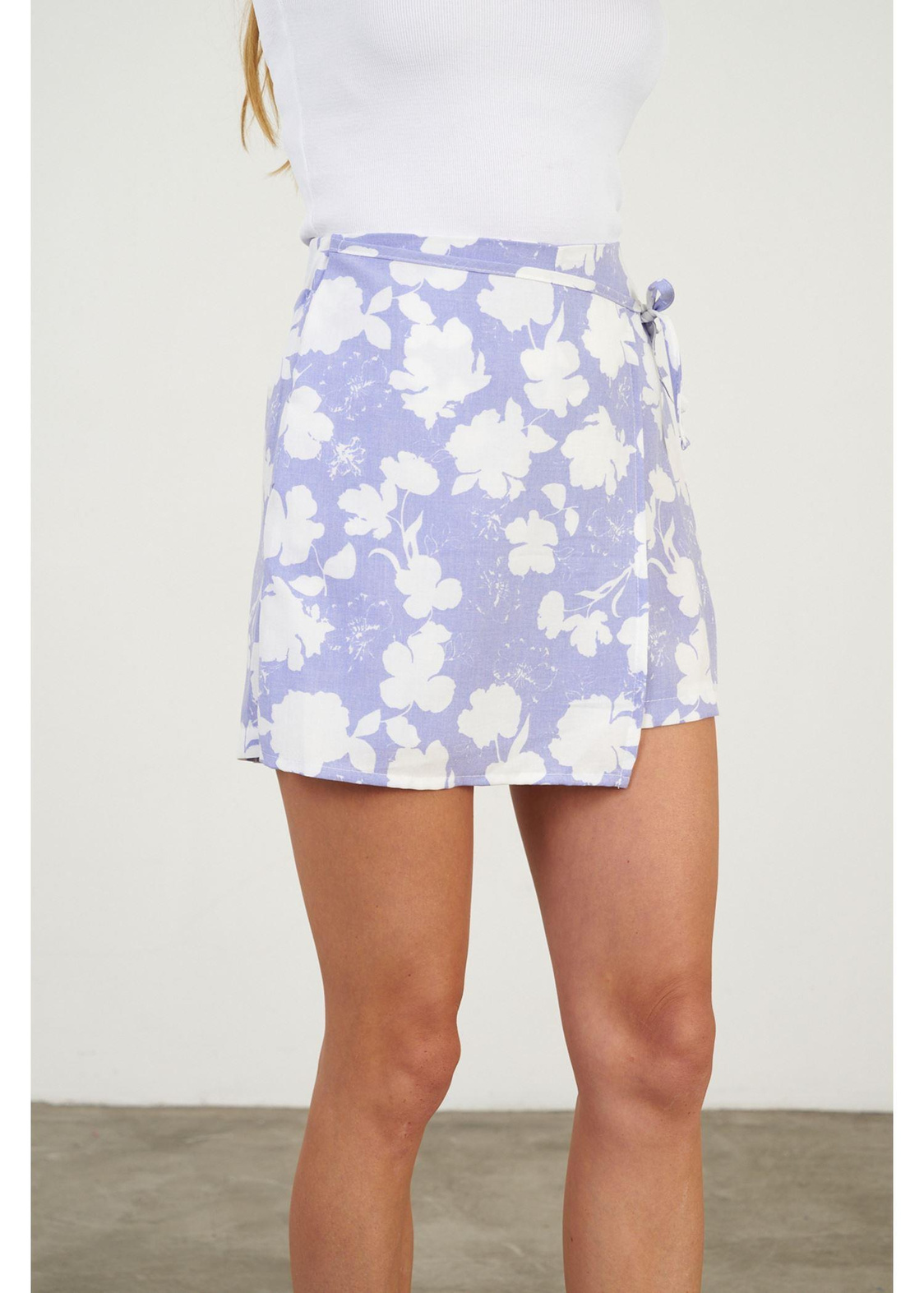 Çiçek Baskılı Aller Detaylı Viskon Keten Etek-Mavi