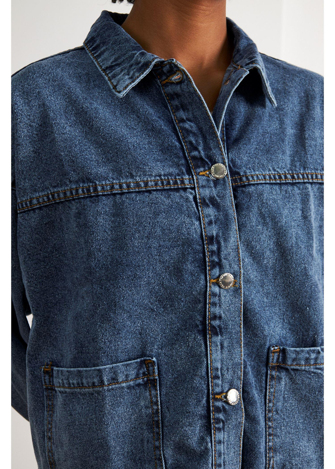 Çift Cepli Denim Ceket-Mavi