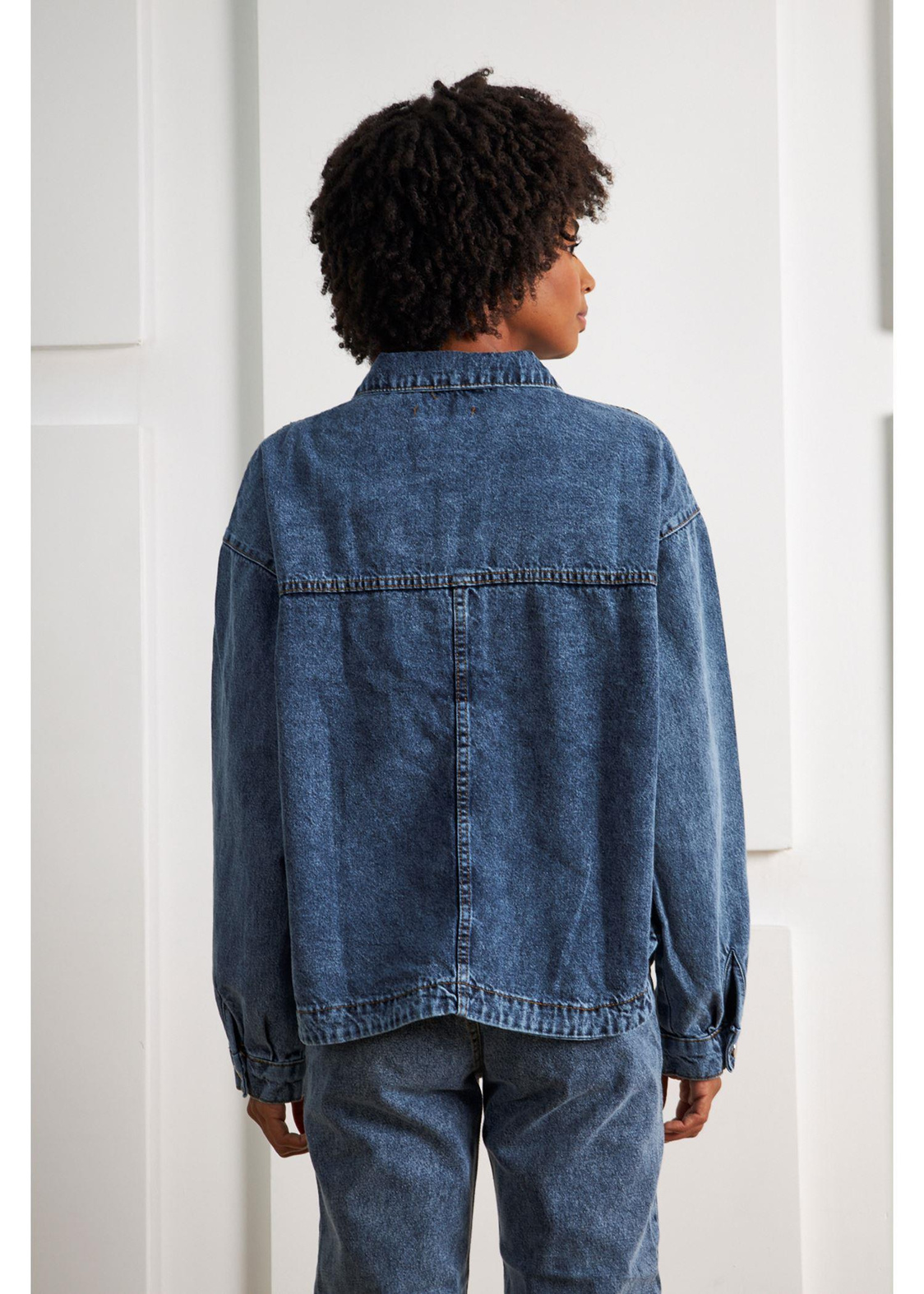 Çift Cepli Denim Ceket-Mavi