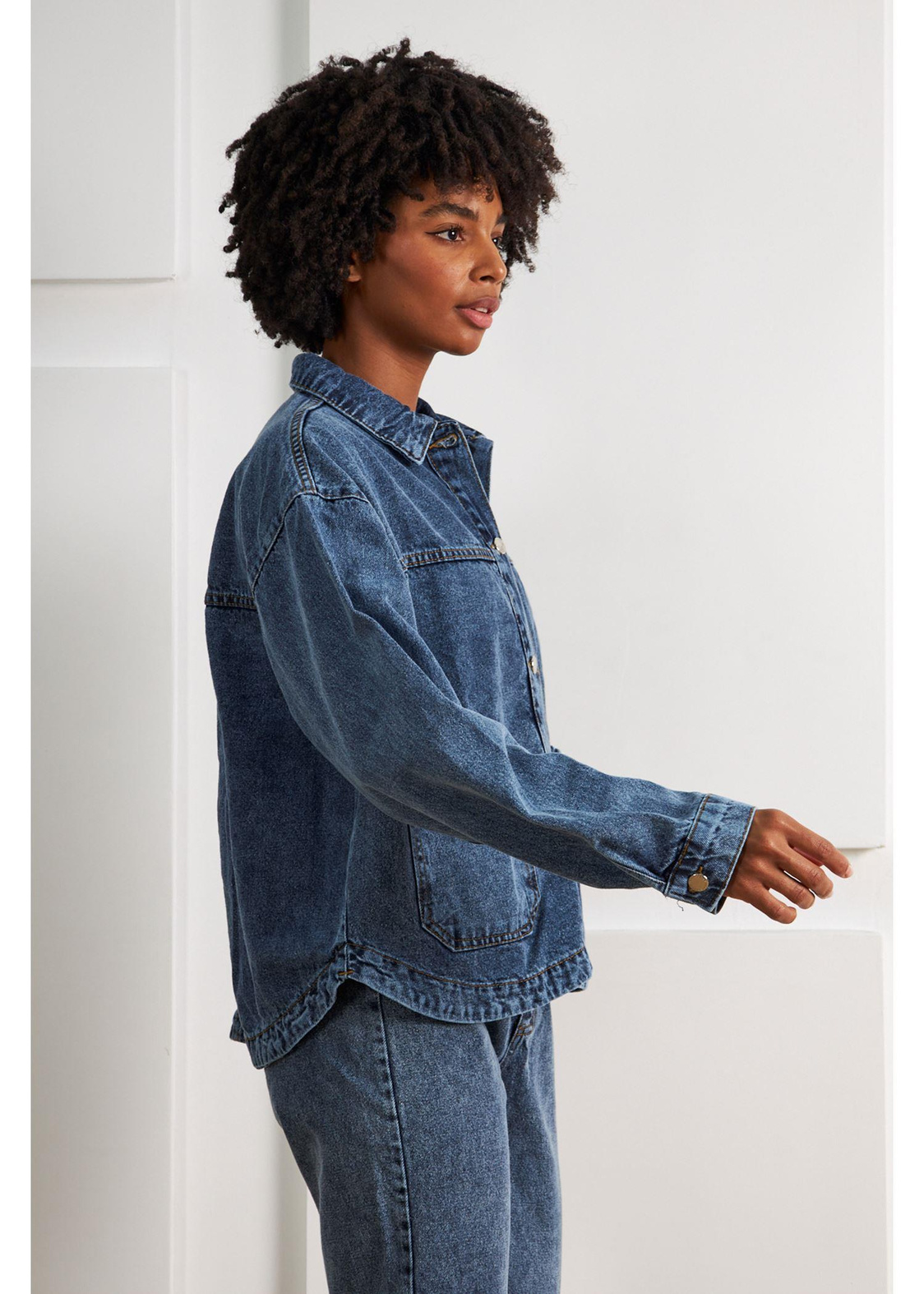 Çift Cepli Denim Ceket-Mavi