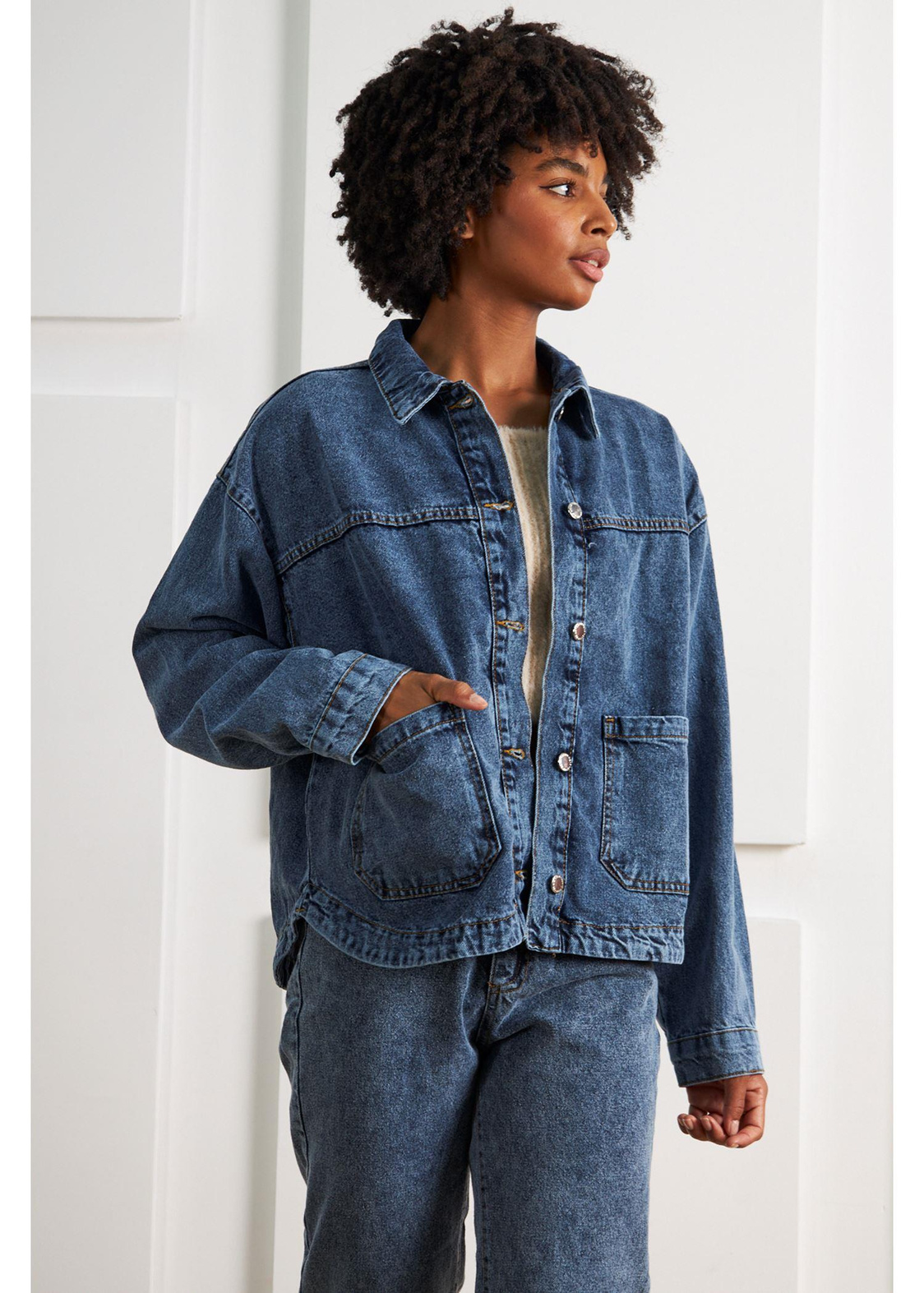Çift Cepli Denim Ceket-Mavi