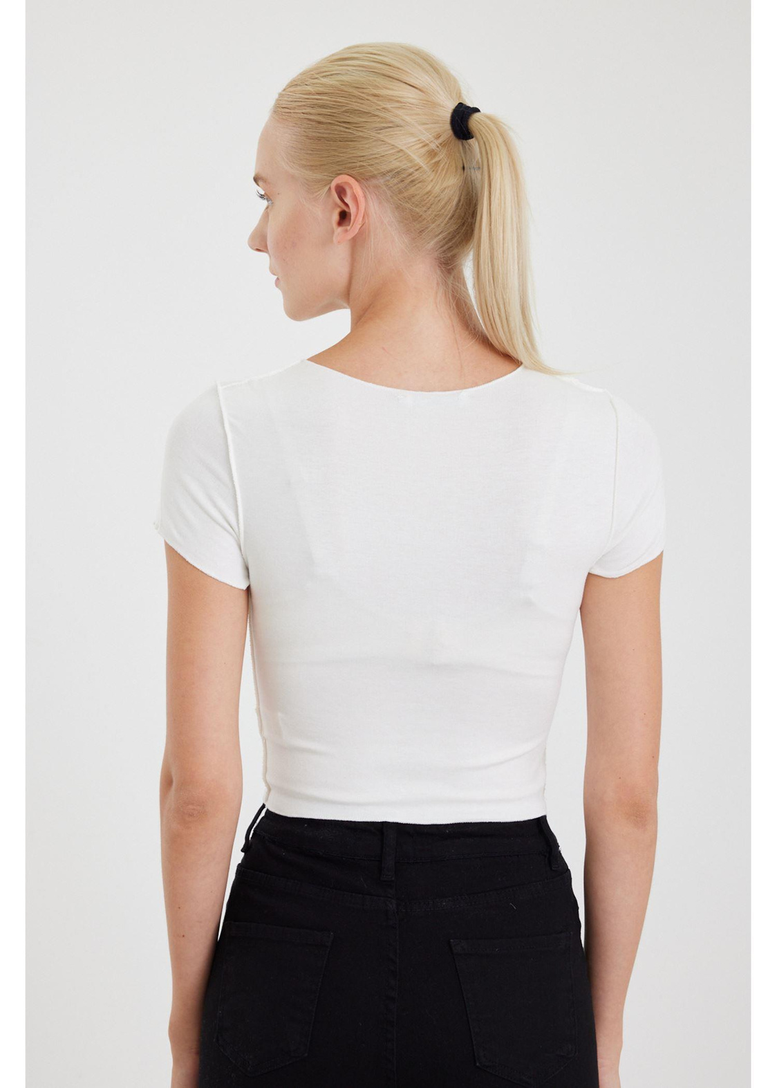 Çift Dikişli Crop T-shirt-Ekru