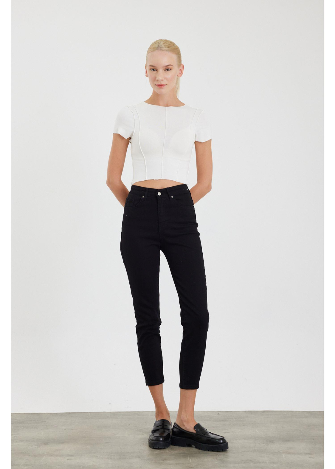 Çift Dikişli Crop T-shirt-Ekru
