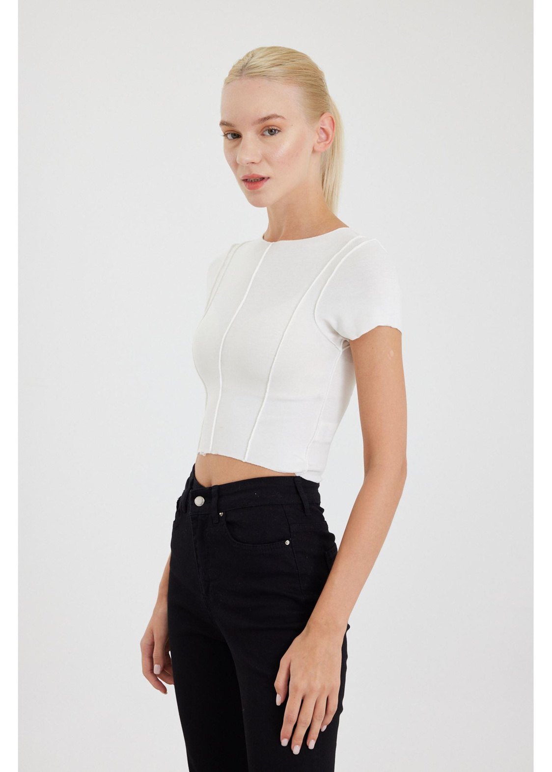 Çift Dikişli Crop T-shirt-Ekru
