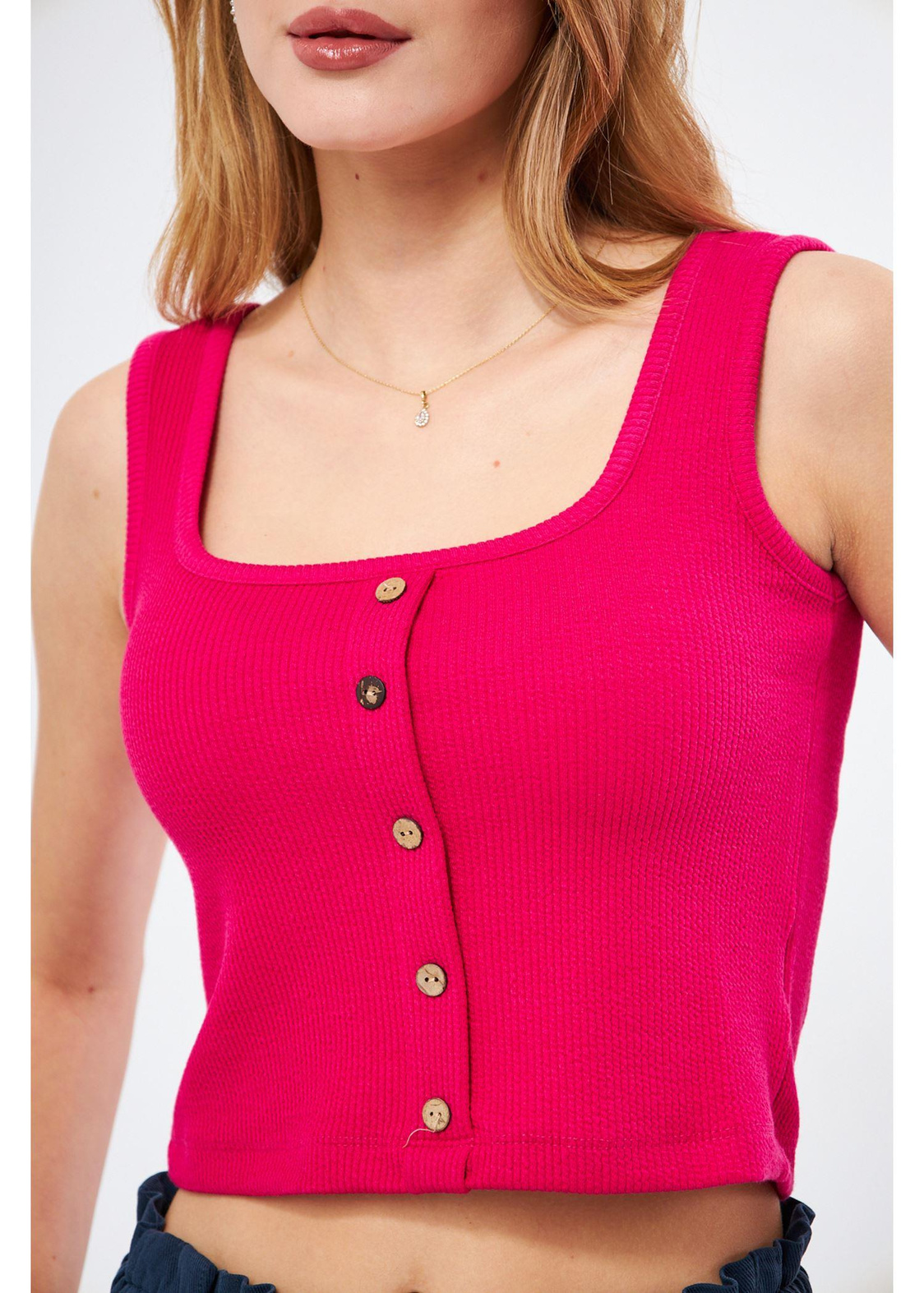 Çizgi Detaylı Askılı Kaşkorse Crop-Fuşya
