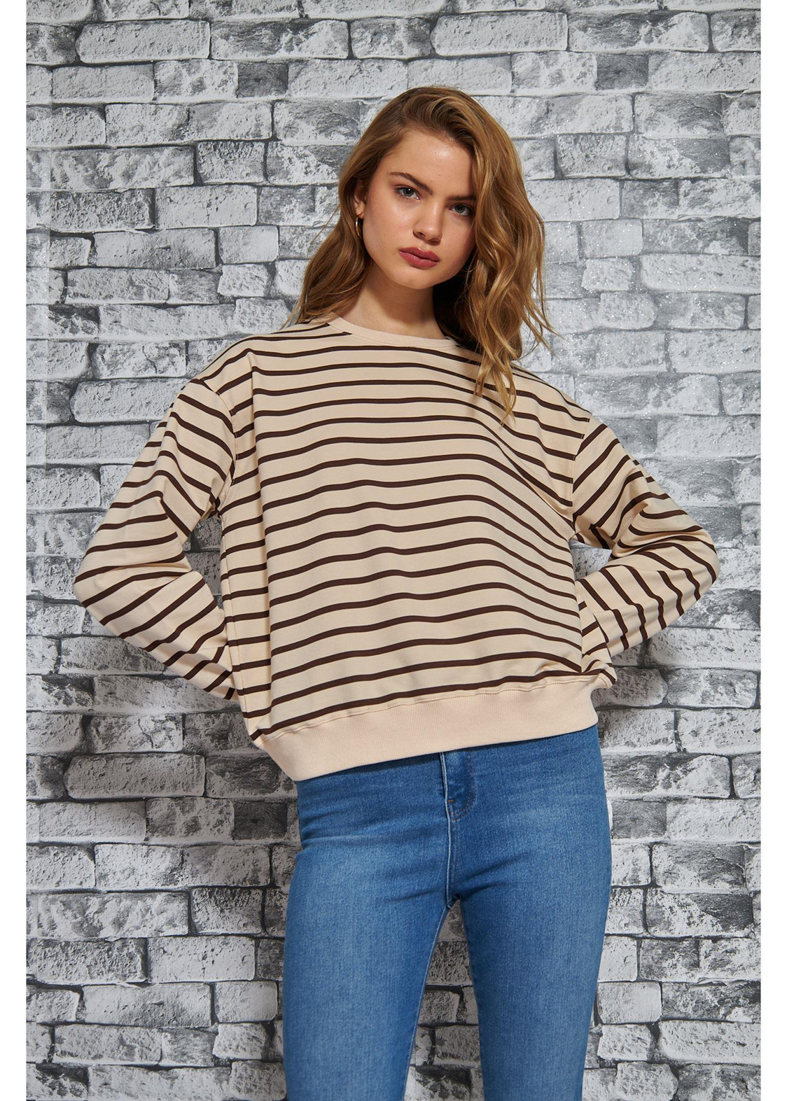 Çizgili Basic Sweatshirt-Kahve