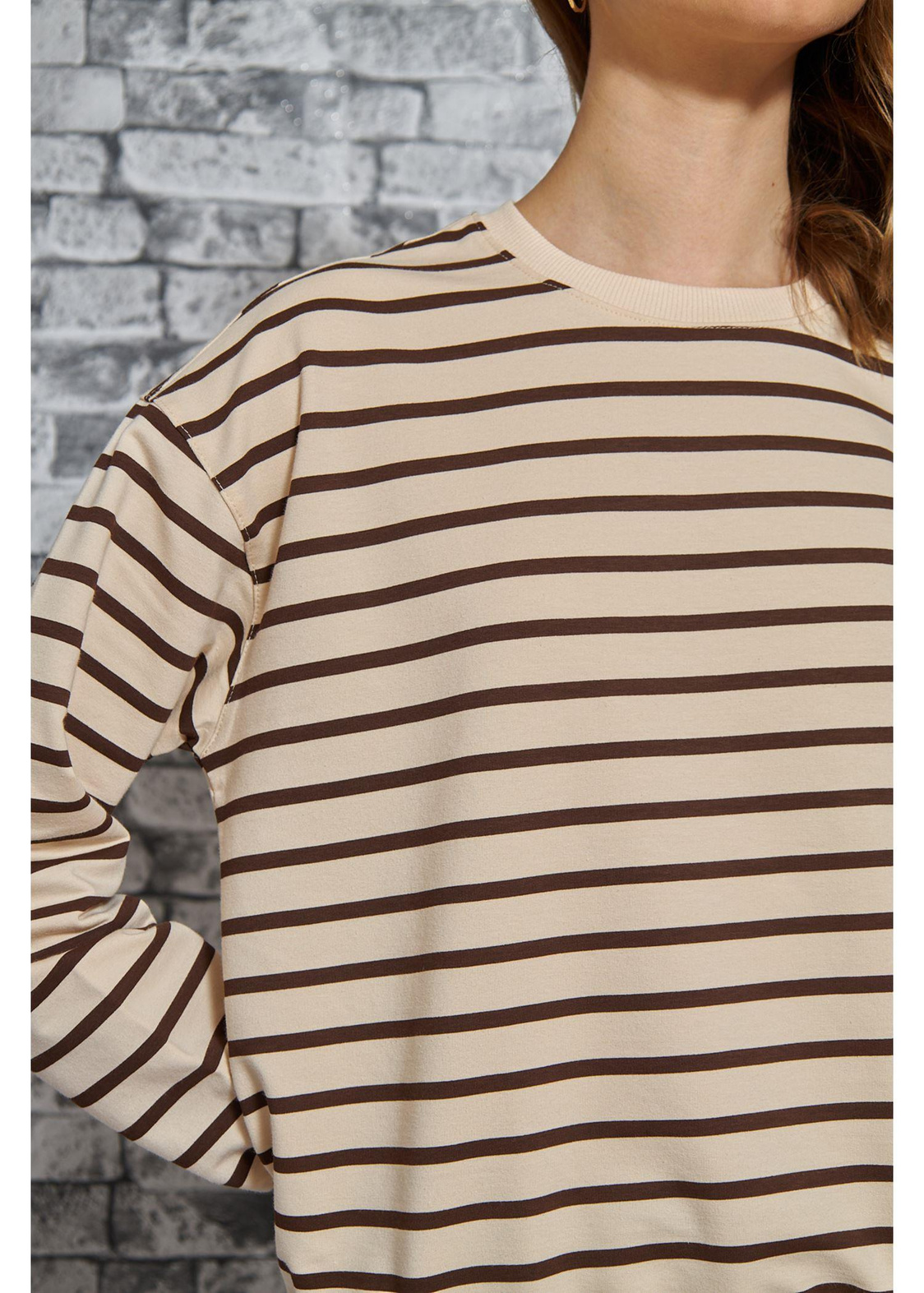 Çizgili Basic Sweatshirt-Kahve