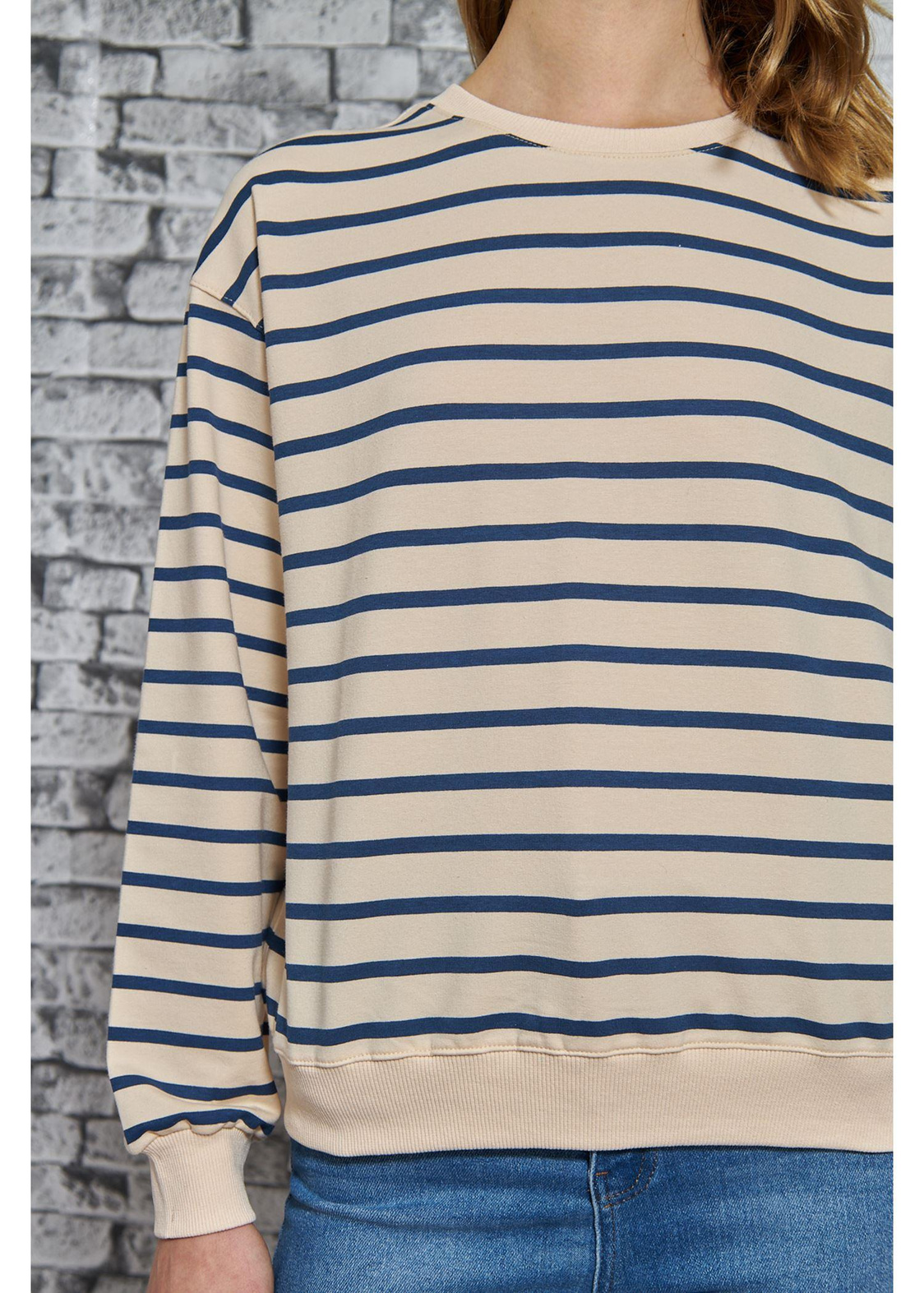 Çizgili Basic Sweatshirt-Lacivert