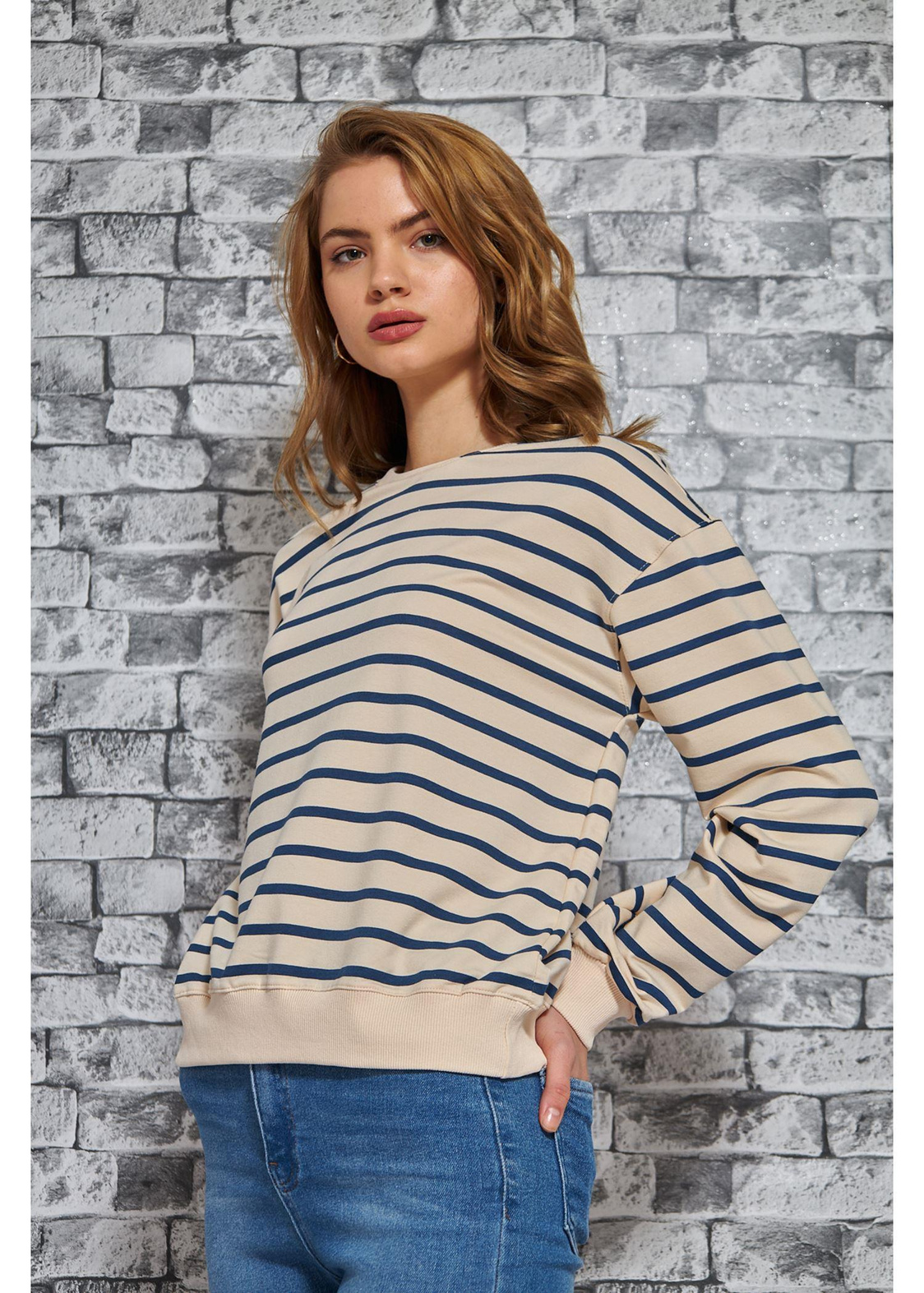 Çizgili Basic Sweatshirt-Lacivert
