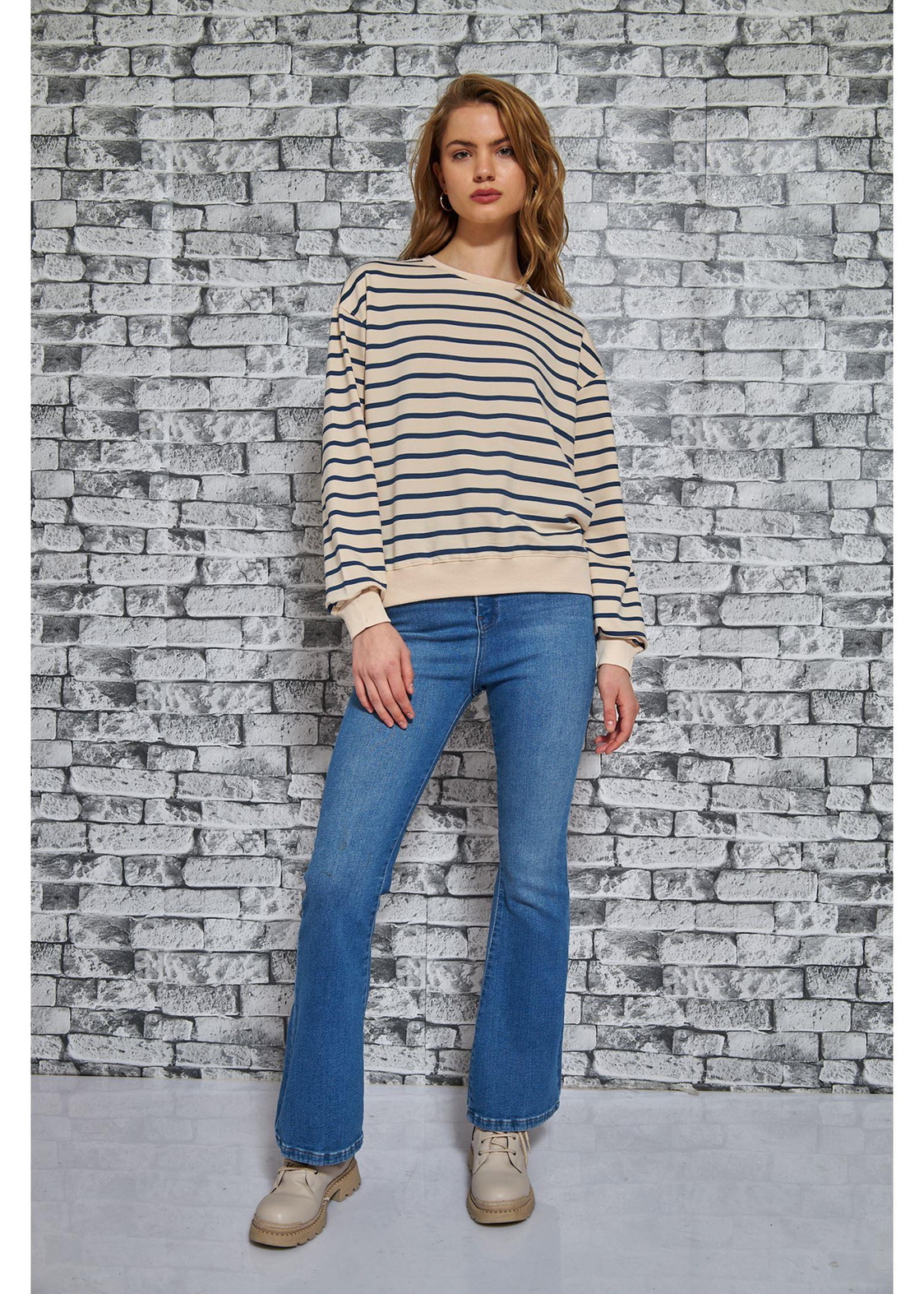 Çizgili Basic Sweatshirt-Lacivert