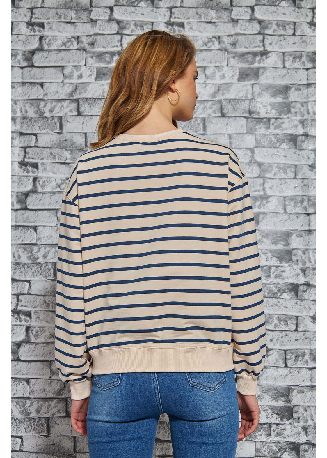 Çizgili Basic Sweatshirt-Lacivert