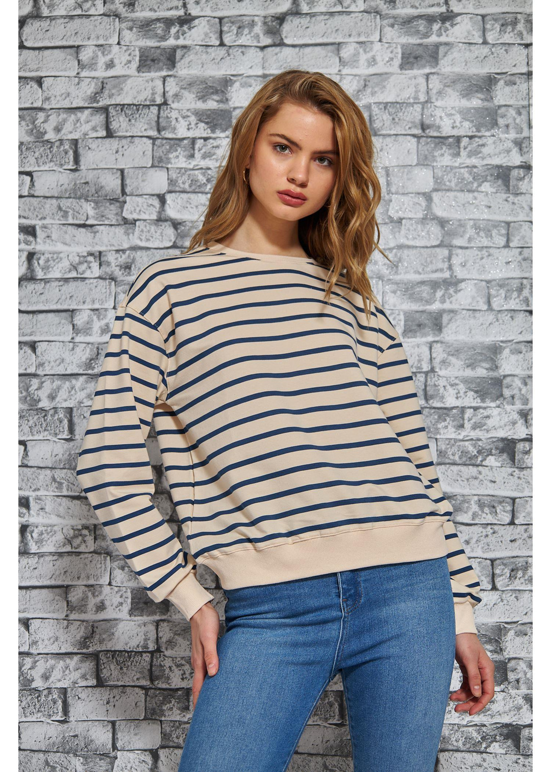 Çizgili Basic Sweatshirt-Lacivert