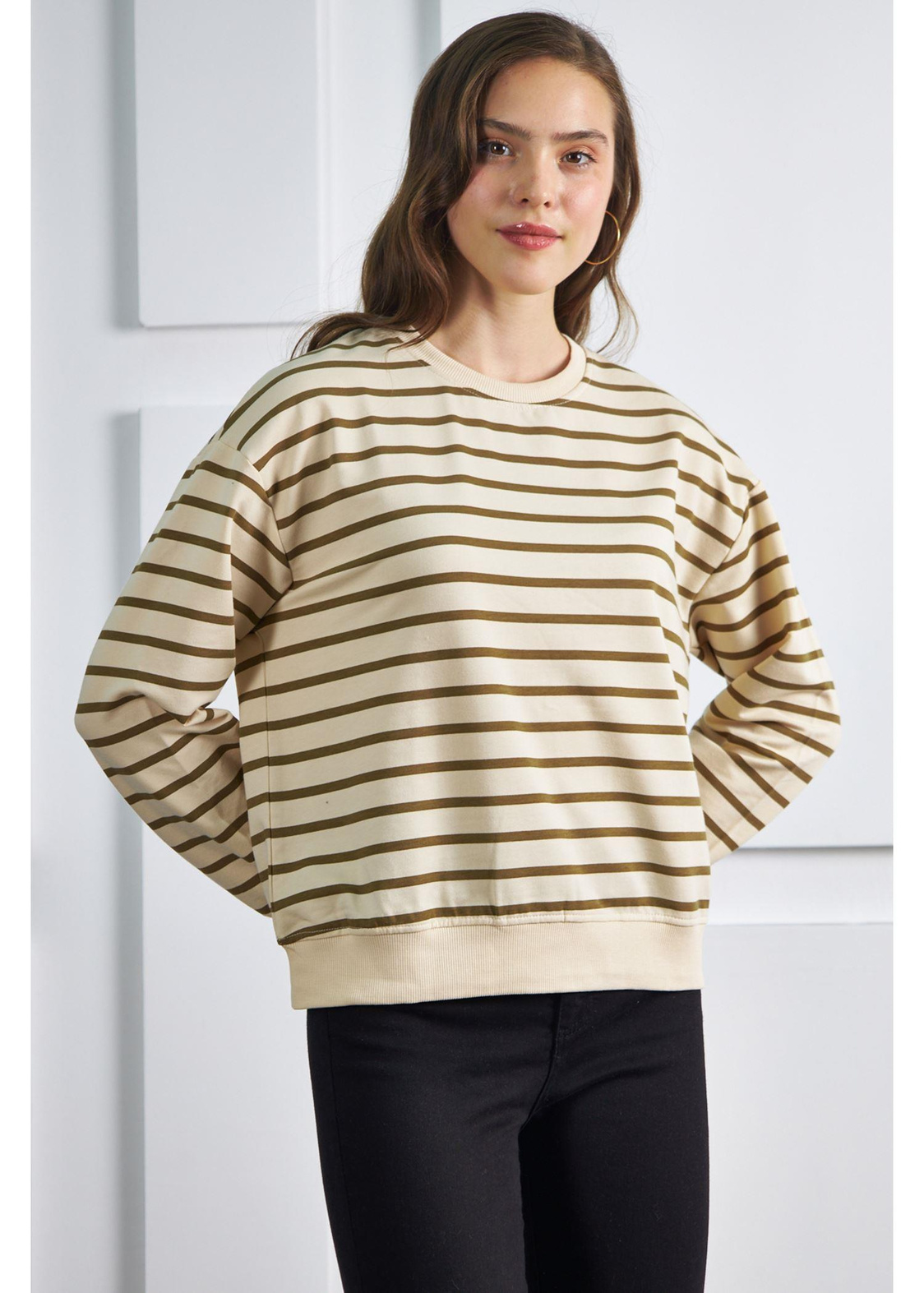 Çizgili Basic Sweatshirt-Vizon
