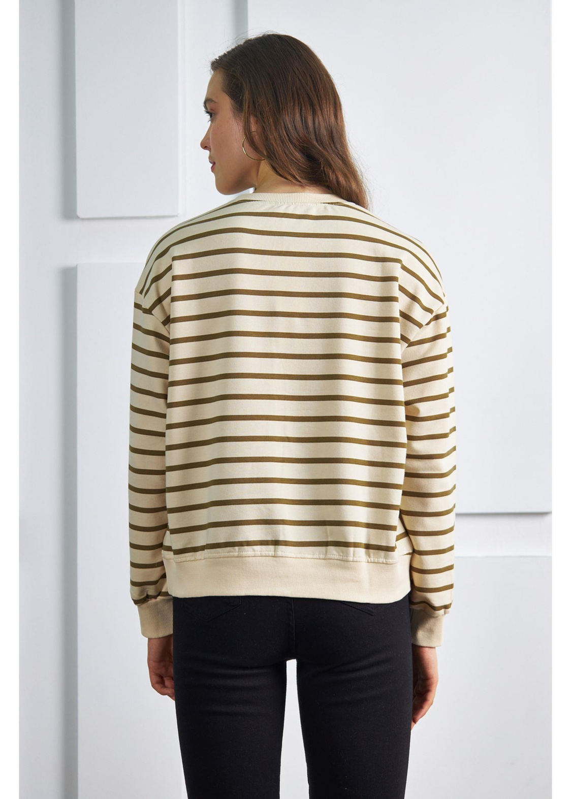 Çizgili Basic Sweatshirt-Vizon