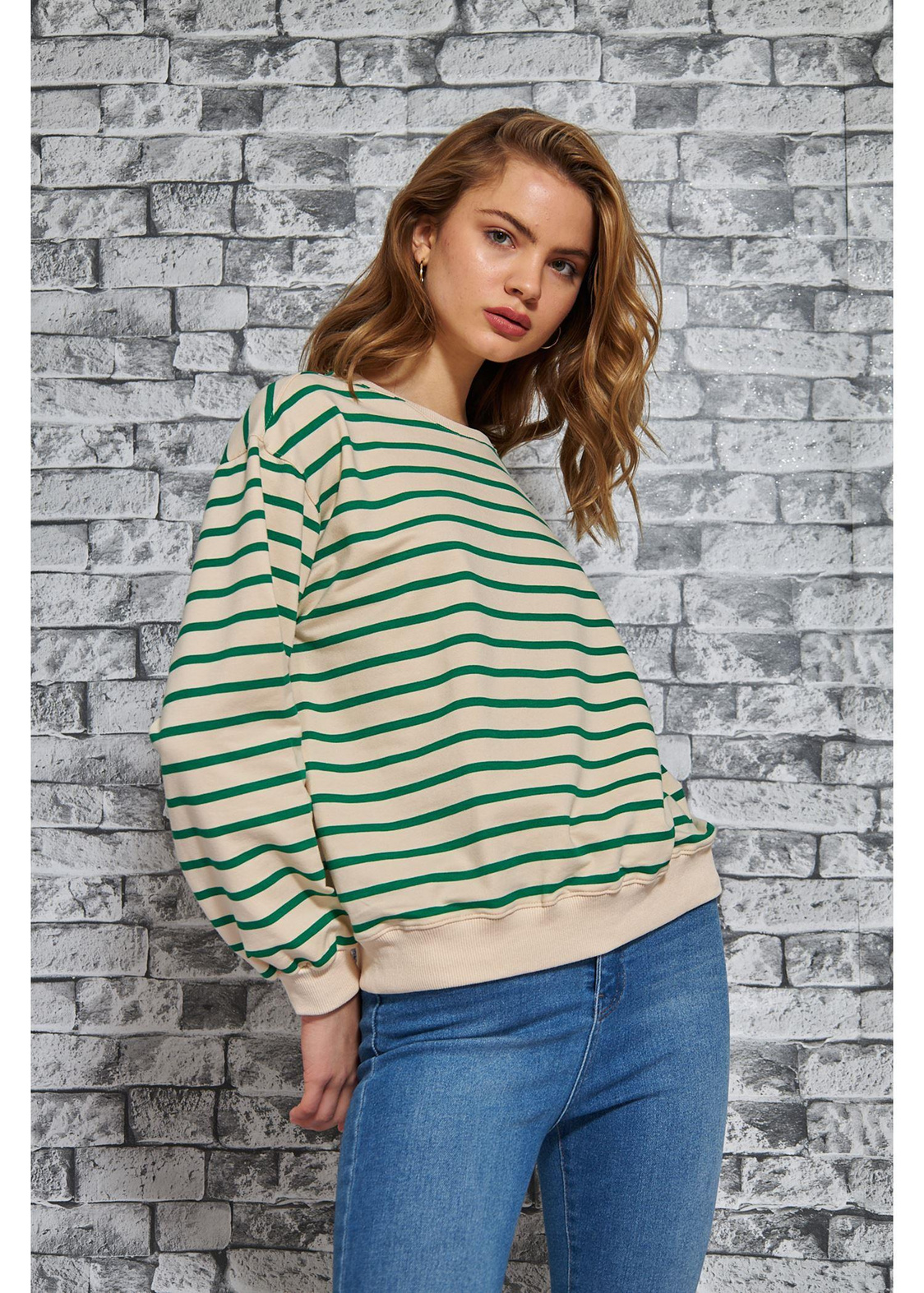 Çizgili Basic Sweatshirt-Yeşil