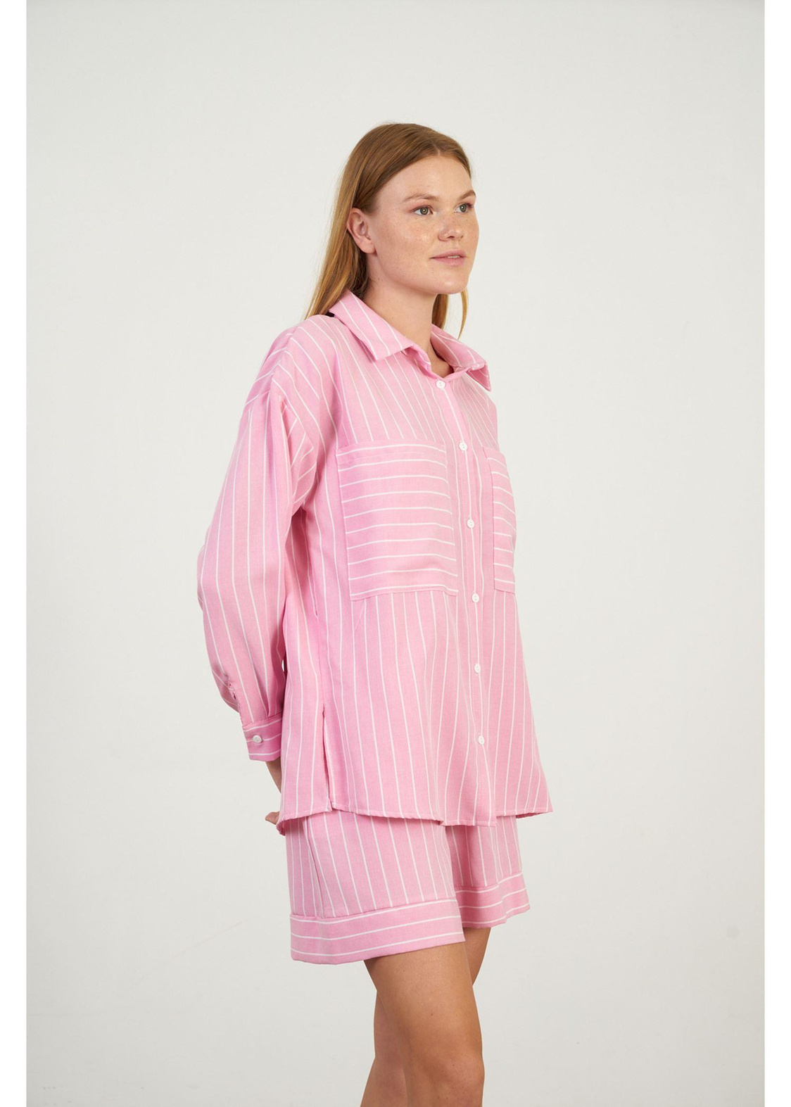 Çizgili Cepli Düşük Kol Gömlek-Pembe