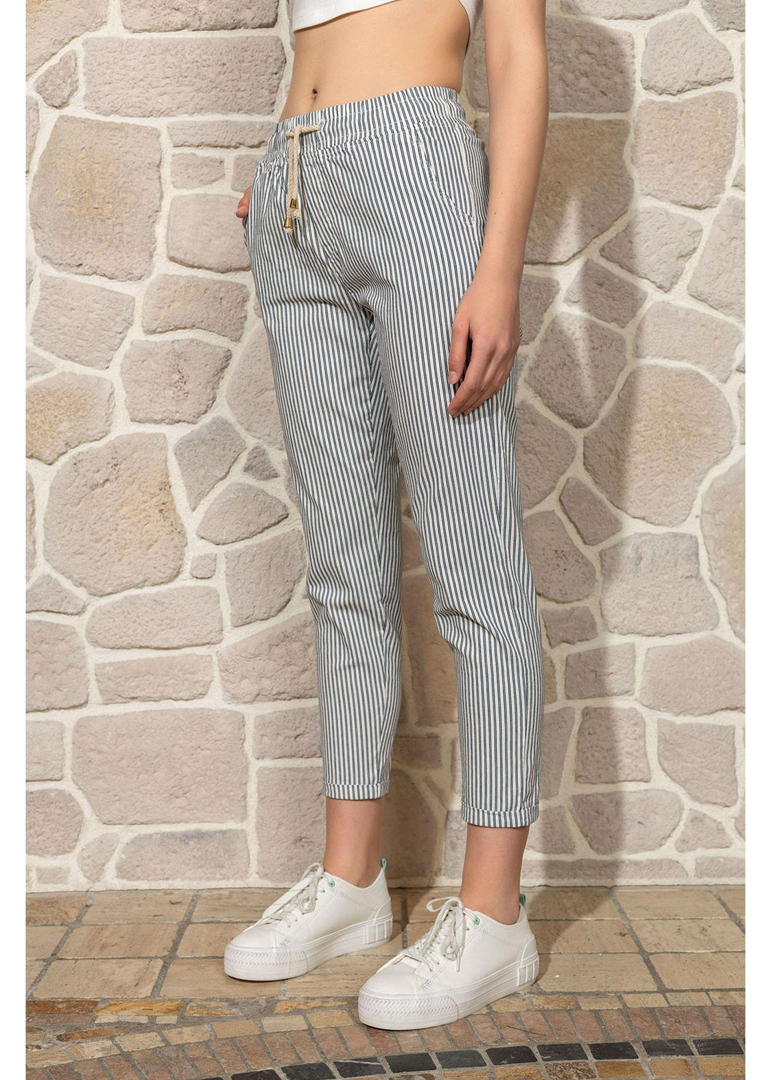 Çizgili Chino Pantolon-Ekru