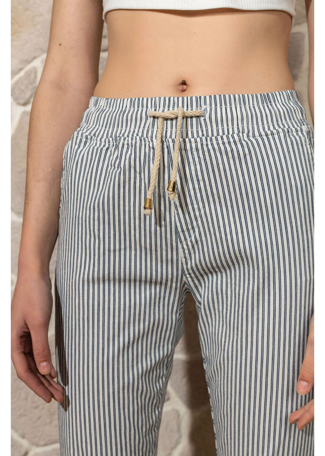 Çizgili Chino Pantolon-Ekru