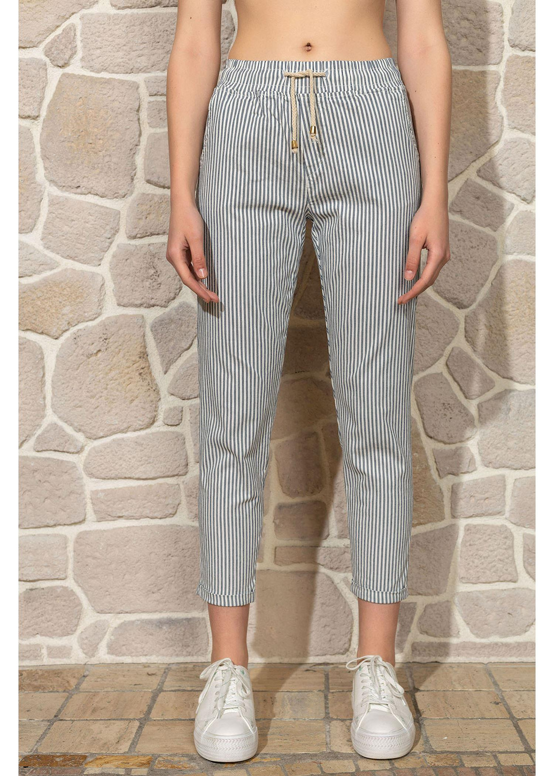 Çizgili Chino Pantolon-Ekru