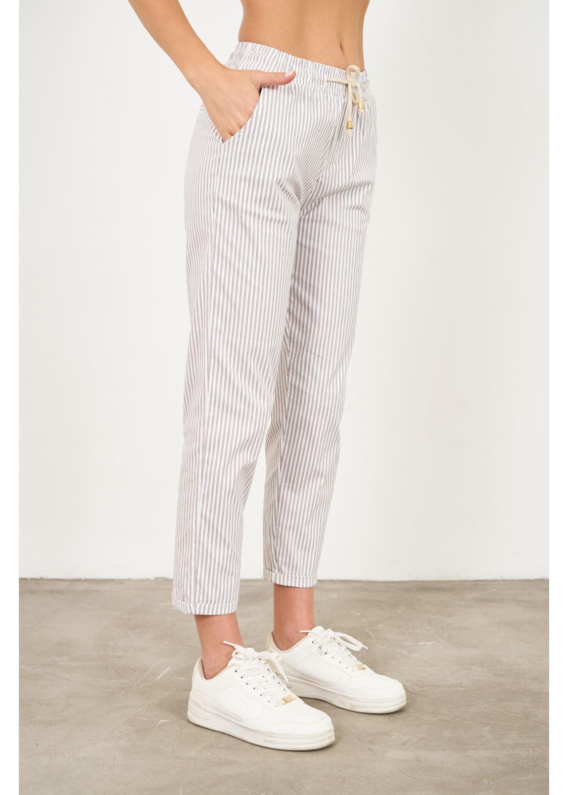 Çizgili Chino Pantolon-Vizon