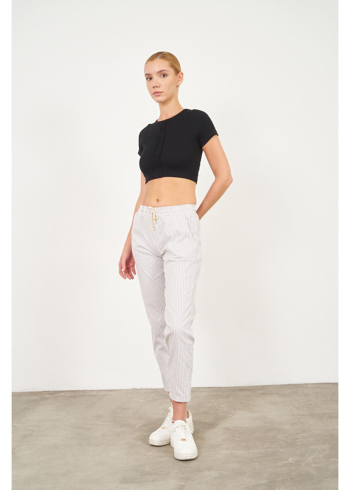 Çizgili Chino Pantolon-Vizon