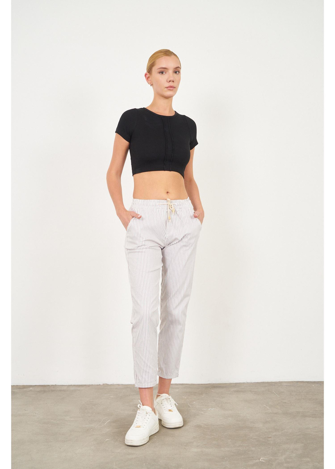 Çizgili Chino Pantolon-Vizon