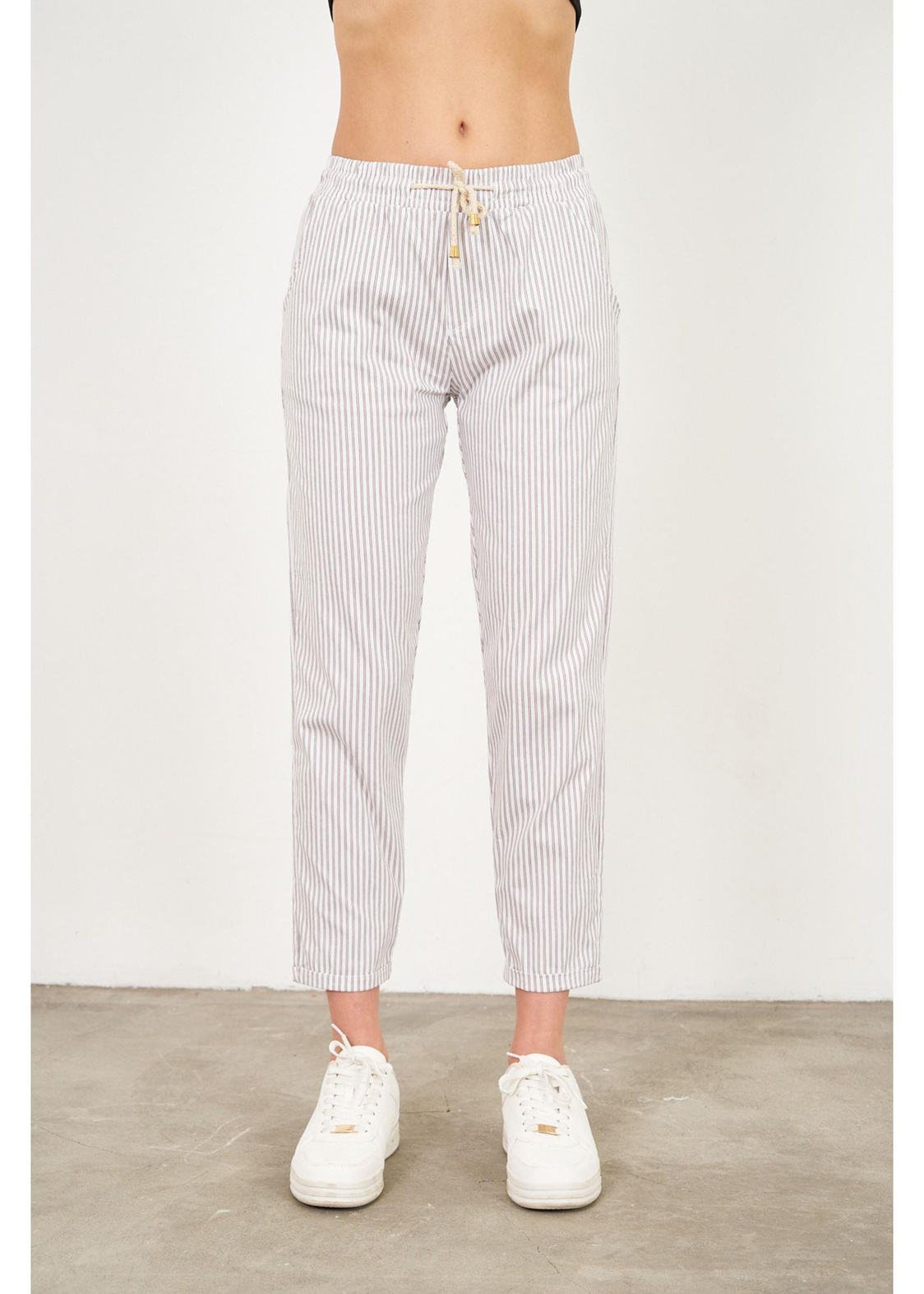 Çizgili Chino Pantolon-Vizon