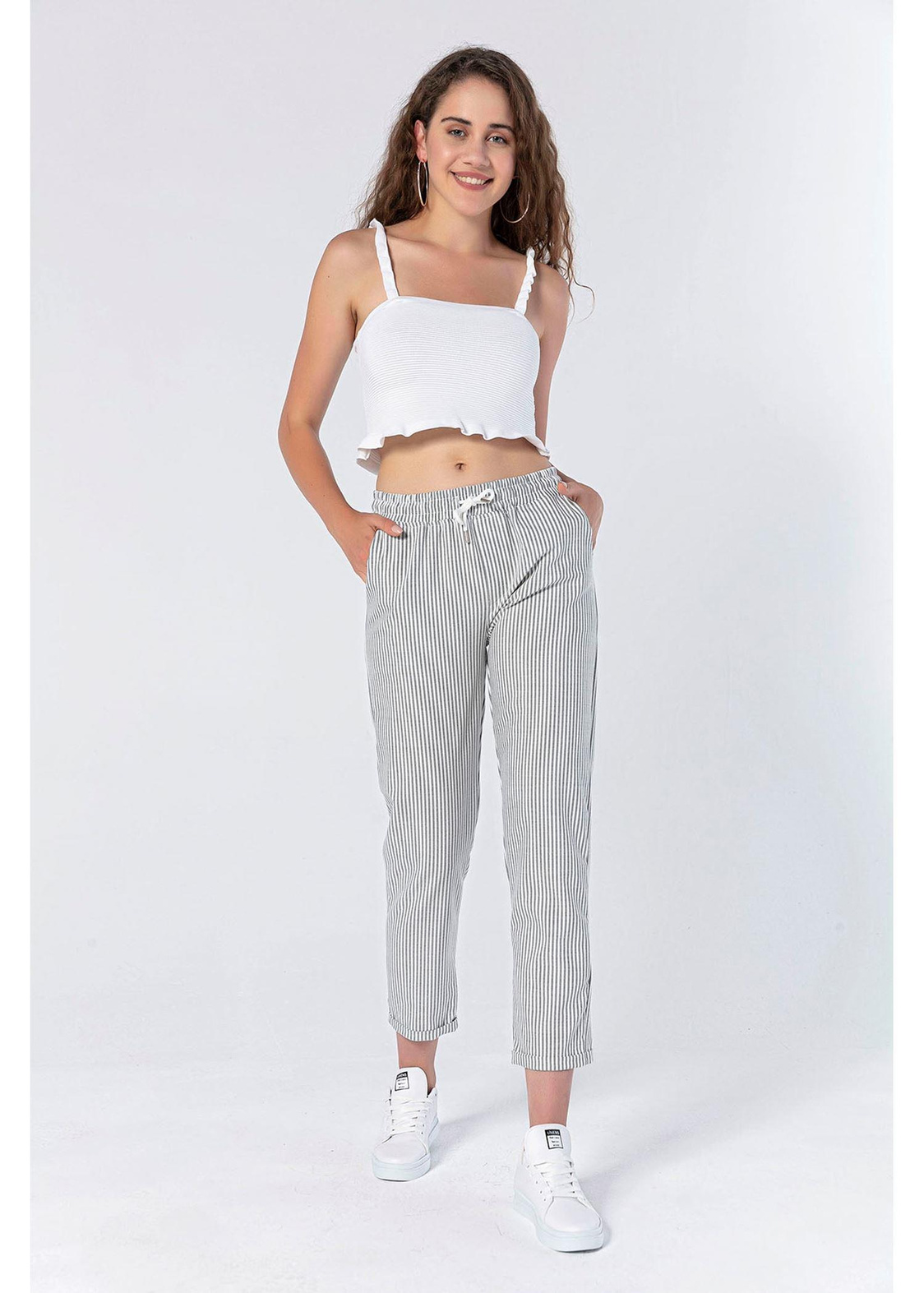 Çizgili Elastik Belli Pantolon-Siyah