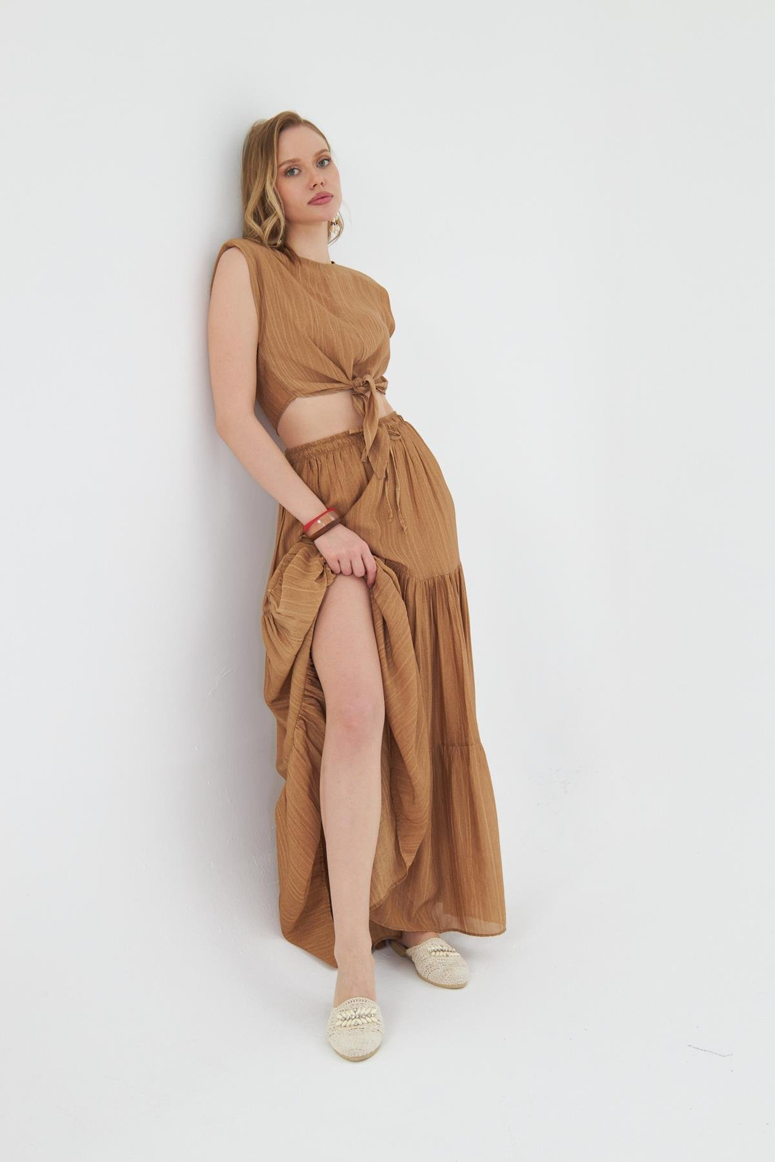 Çizgili Fırfırlı Uzun Etek