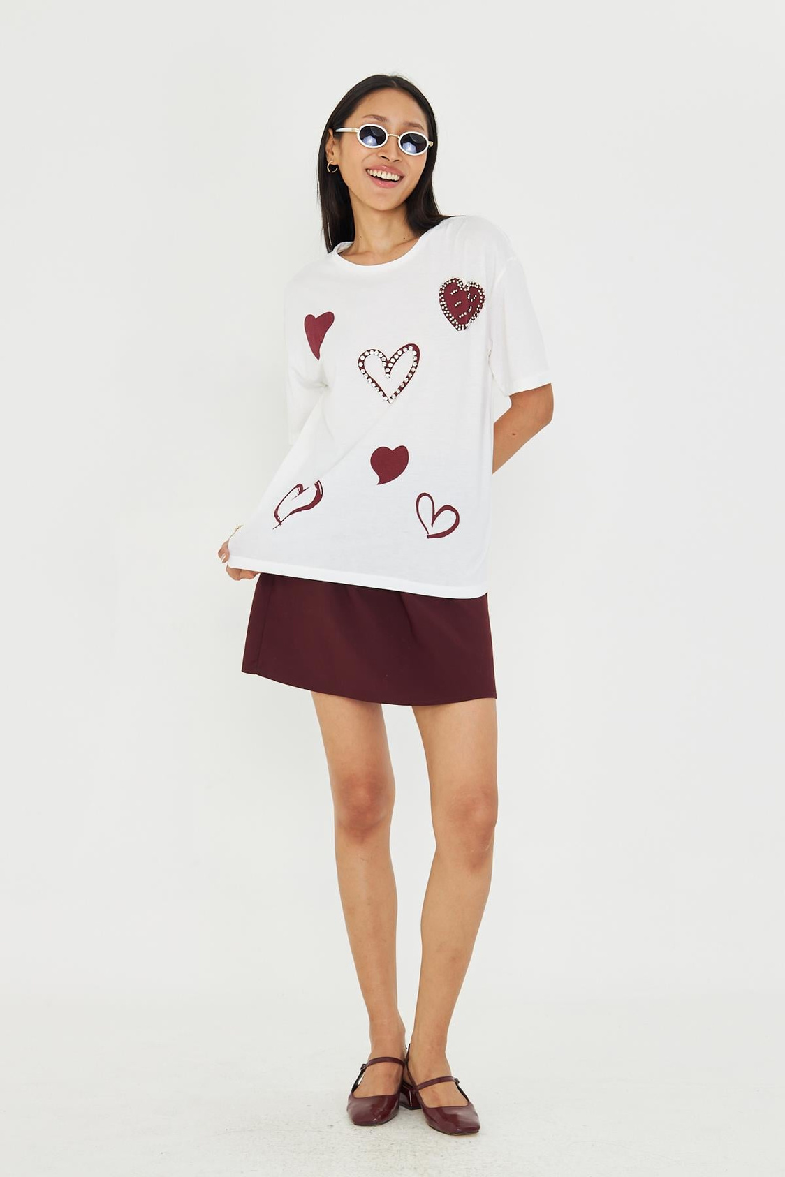 Çoklu Kalp Baskılı Taşlı T-shirt - Ekru/Bordo