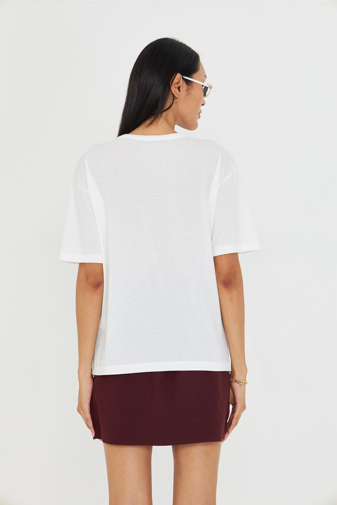 Çoklu Kalp Baskılı Taşlı T-shirt - Ekru/Bordo